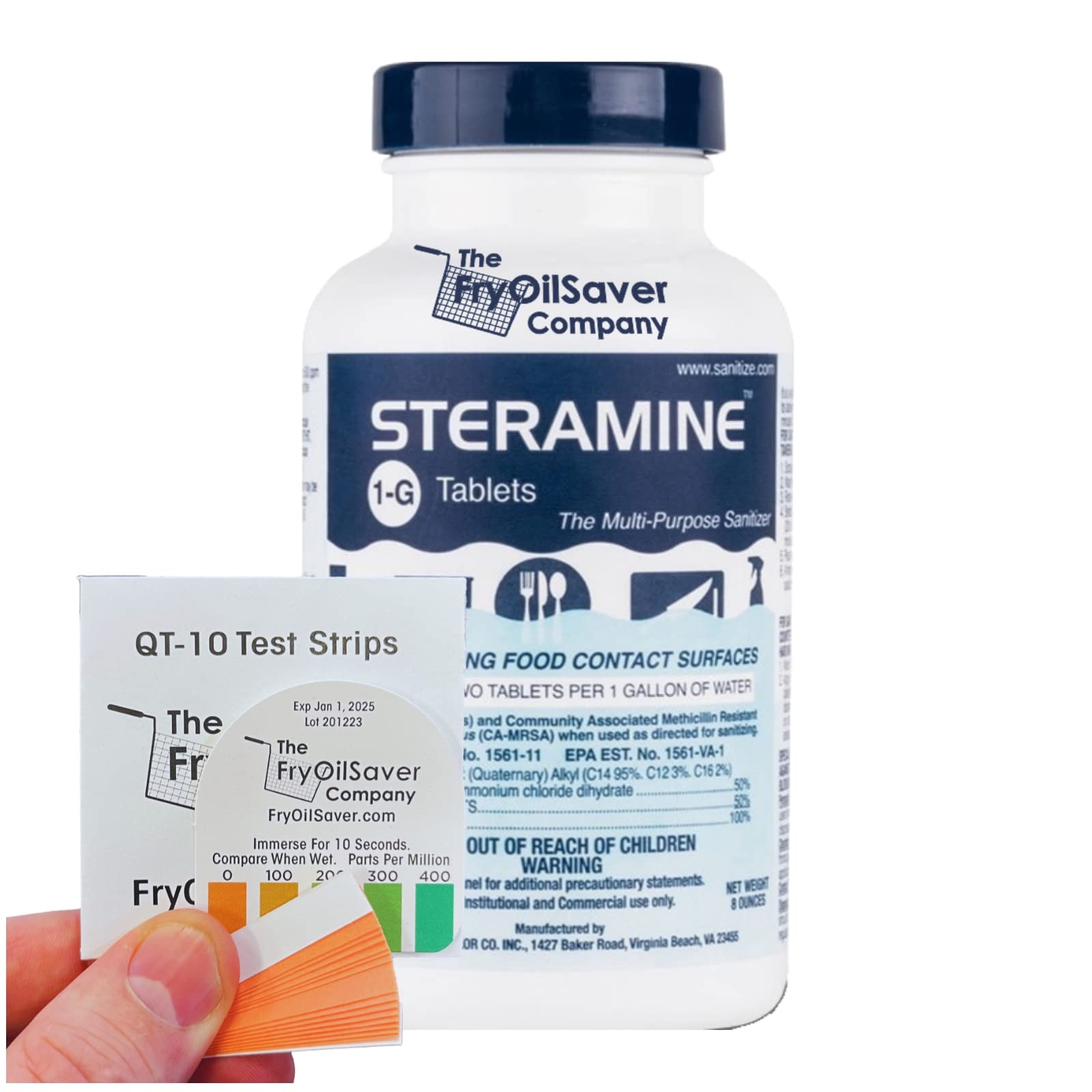 Steramine Sanitizer Tablet w/ 15x QT-10 Test Strisp, Multi Purpose Sanitizing Tablet for Food Contact Surface, Kitchen, Restaurant, Steramine Sanitizer Tab for Food Service by FryOilSaver (150 Tab)