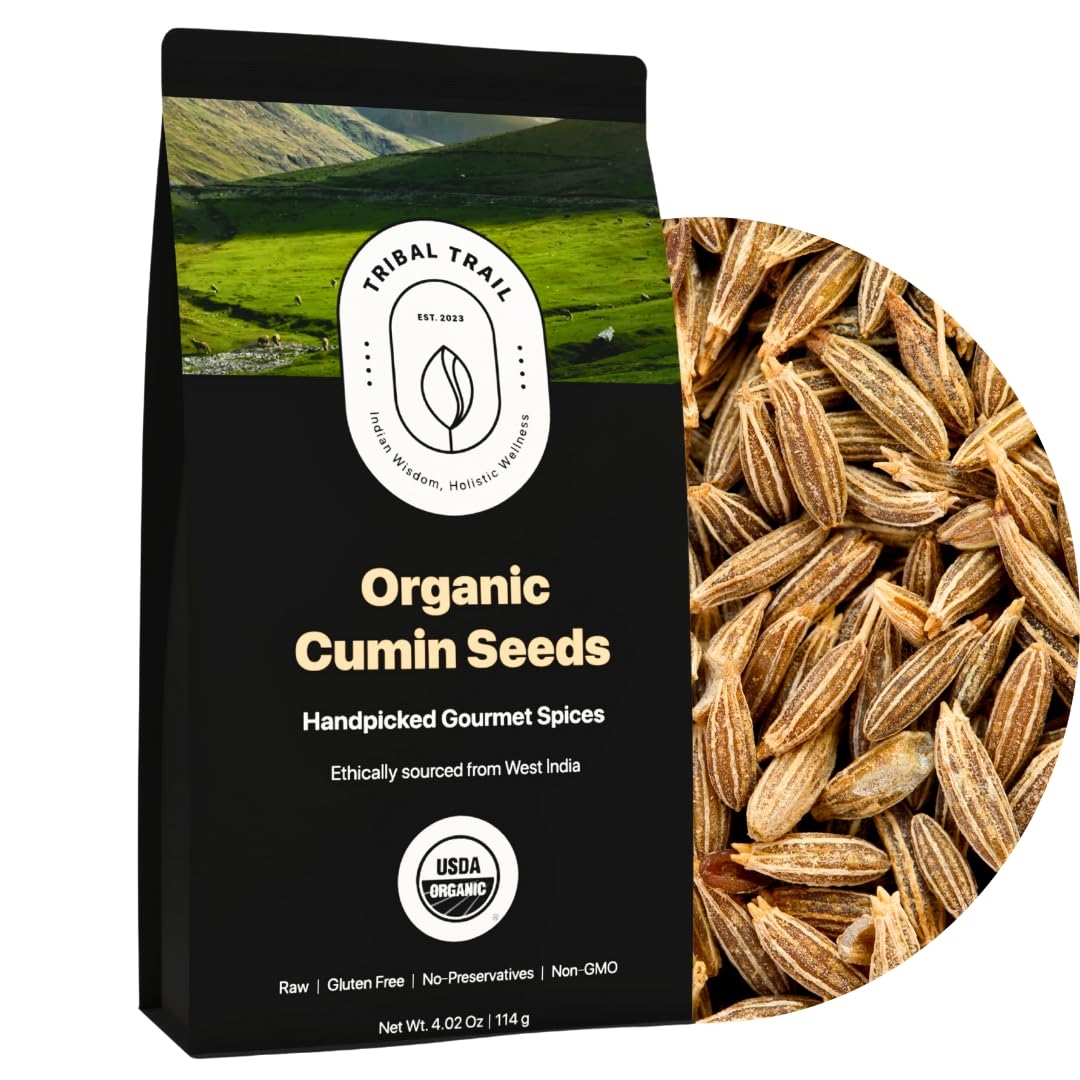 Tribal Trail Cumin Seeds Whole Organic | 4.02 oz | USDA Organic & Non-GMO | Indian Origin | Recyclable Kraft Bags | Best for Cooking, Seasoning & Spice Blends