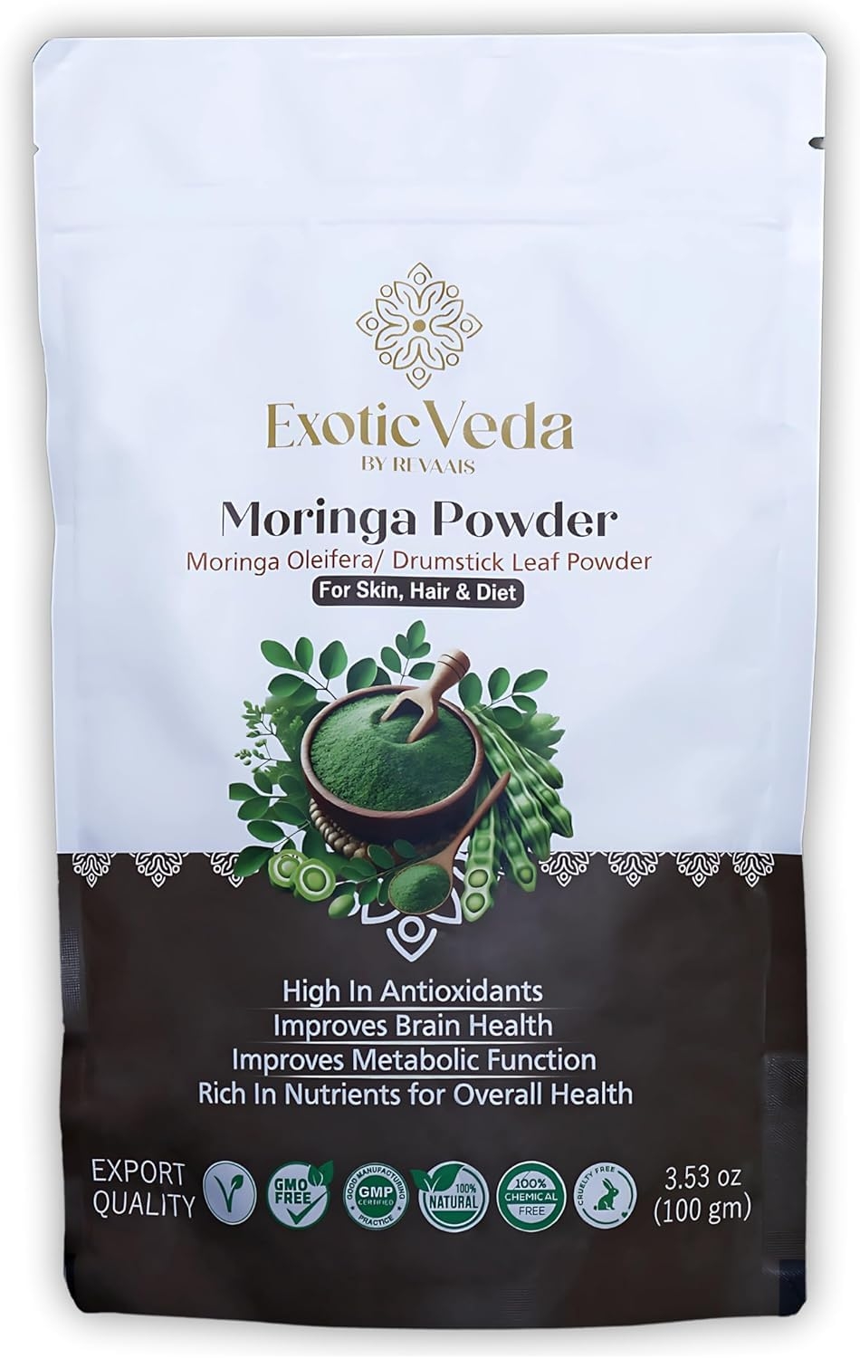 Exotic Veda Premium Quality Moringa Powder (100g/3.52Oz) - 100% Pure, Vegan, Gluten-Free, Non-GMO - Suitable for Smoothies, Baking, Cooking, and Homemade Skincare