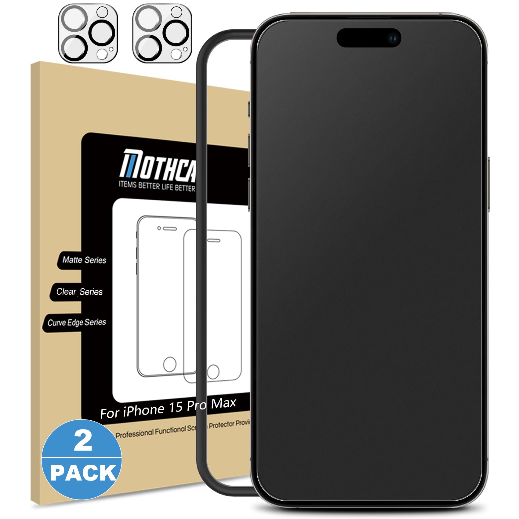 Mothca 2 Pack Matte Glass Screen Protector for iPhone 15 Pro Max[6.7 inch] + 2 Pack Camera Lens Protector, Anti-Glare & Anti-Fingerprint Case Friendly Tempered Glass Film, Bubble Free, Smooth as Silk