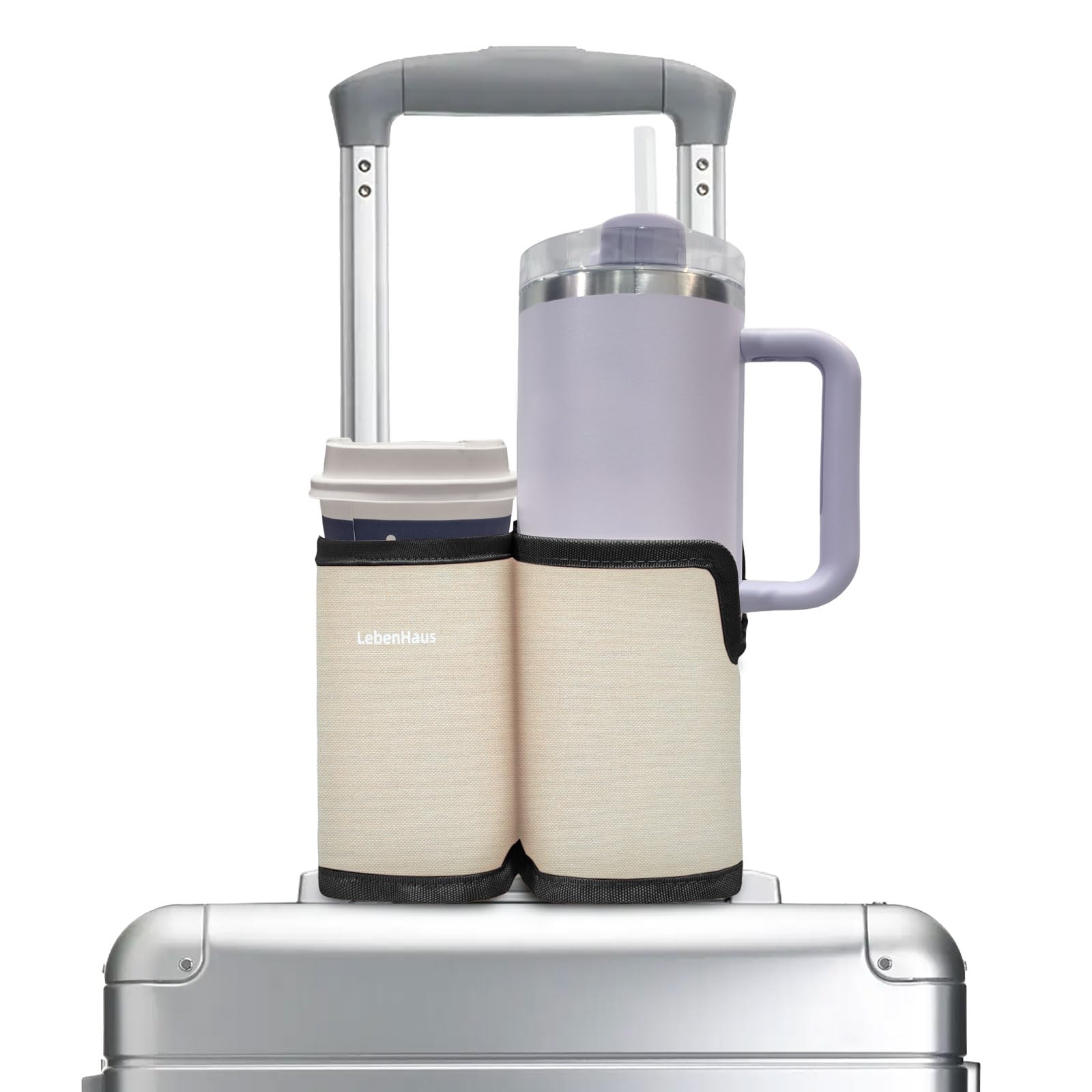 LebenHaus 2 in 1 Luggage Cup Holder for Suitcase|Airplane Tray Table Carry on Hands Free Drink Carrier for Stanley Tumblers Coffee Beverage Organizer Gifts for Travelers(Off-White)