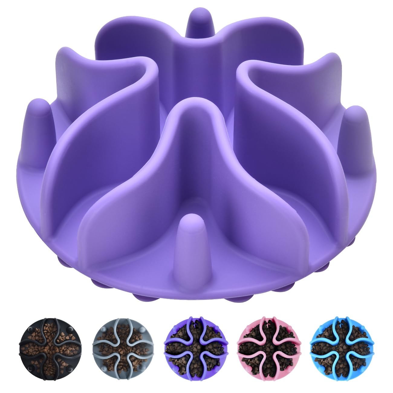 Slow Feeder Dog Bowls Insert, Silicone Slow Feeder Bowl with Strong Suction Cups Perfect for Stainless Steel Glass Ceramic Dog Bowls (Purple, Small Size)