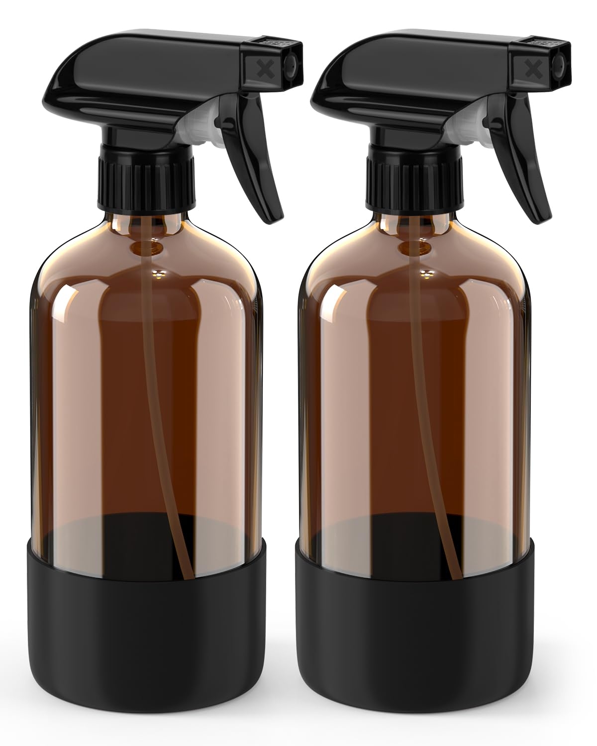 Glass Spray Bottle with Silicone Sleeve Protection, Amber Glass Spray Bottle Set for Non-toxic Window Cleaner Aromatherapy Facial Hydration Watering Flowers Hair Care 2 Pack/16 oz (Black)