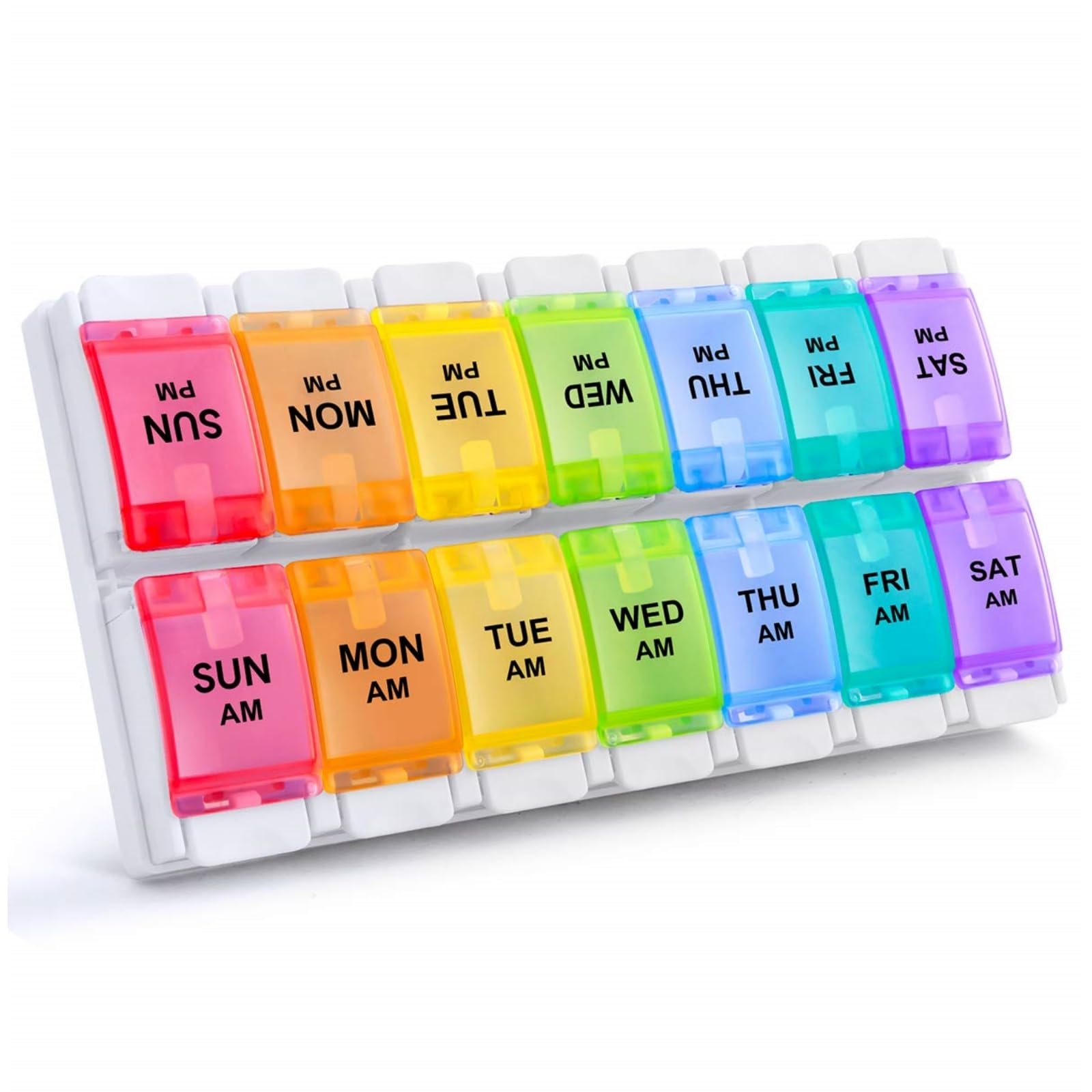 Sukuos AM PM Weekly Pill Organizer 2 Times A Day, Large Daily Pill Box Case 7 Day with Easy Push Button Design, Detachable Medicine Holder for Vitamin/Fish Oil/Supplements (Rainbow)