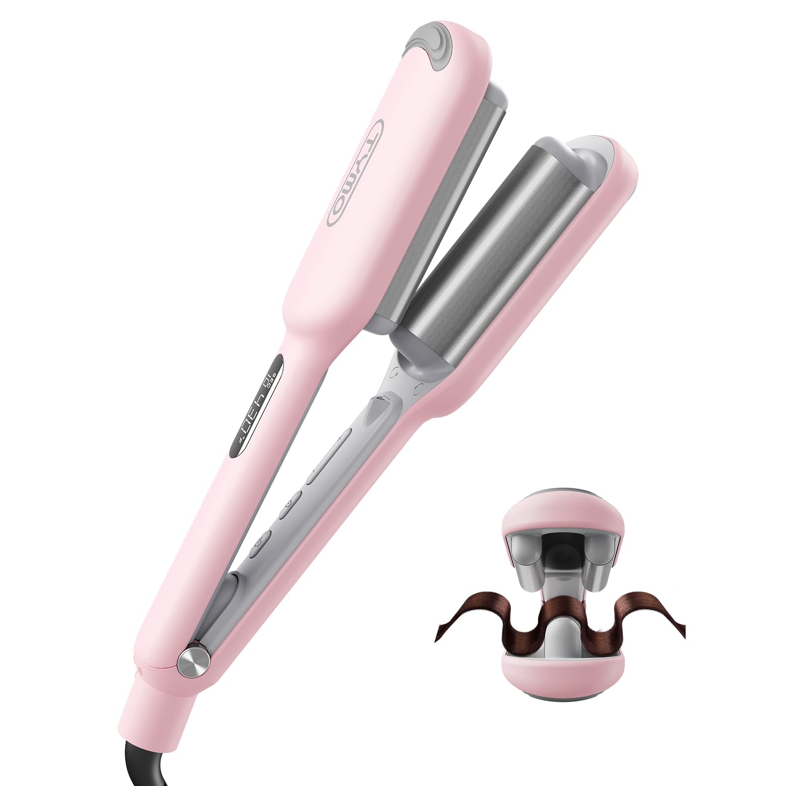 TYMO ROVY 3 Barrel Curling Iron Hair Crimper Waver, Curling Wand, Deep Waver, Hair Curler Tool, 1 Inch, Ionic, Ceramic, Dual Voltage, Women, Beach Waves, Anti-Scald, Easy to Use, Pink