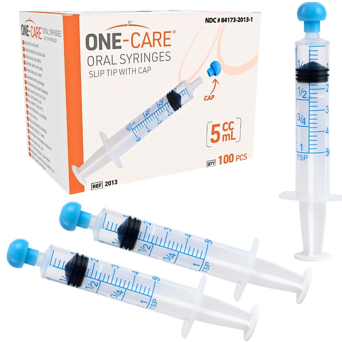 ONE-CARE 5ml Oral Syringe with Cap - Sterile, Individually Wrapped - 100 Syringes, Slip Tip, Uses include oral administration of medicine for infants, adults and animals