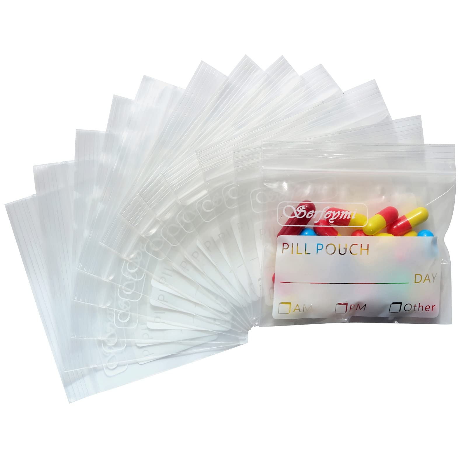 Serfeymi Pill Pouch Bags for Travel Pack of 120 BPA Free 3 x 2.75 inch Reusable Pill Pouches for Medicine with Write on Label Clear Ziplock Seal Waterproof AM PM Pill Baggies for Medicine Organizer