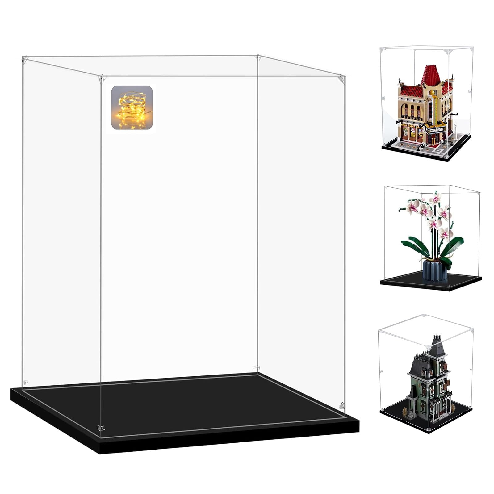 AAABOX 18in Tall 3mm Acrylic LEGO Display Case for Tuxedo Cat 21349, Boutique Hotel 10297, Orchid 10311, Bookshop 10270, 13.8x11.8x17.7in Transparent Showcase with Light String