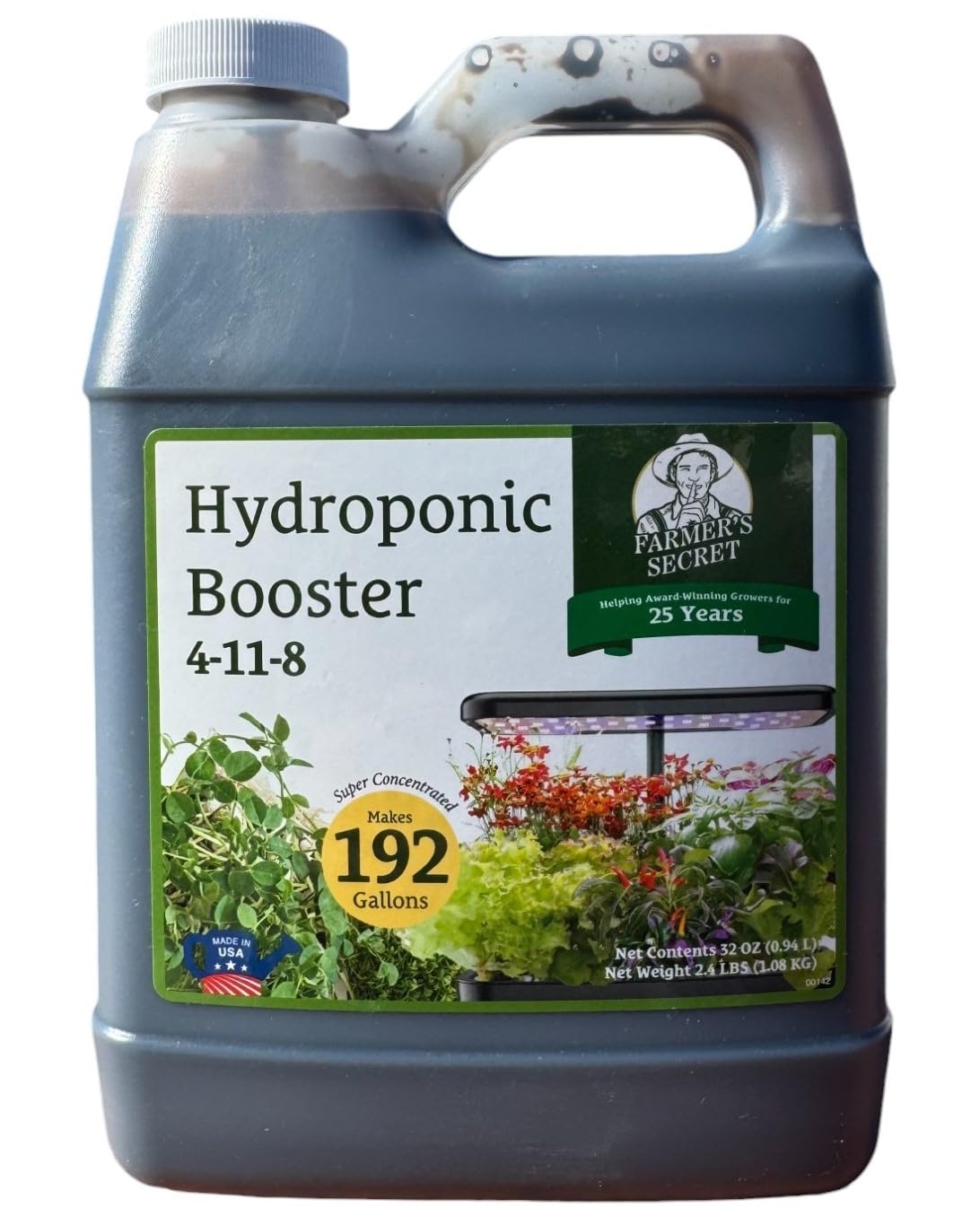 Farmer's Secret Hydroponic Booster Fertilizer - Super Concentrated 4-11-8 Formula - Use with Any Hydroponic or Aeroponic System - Great for Herbs, Veggies, Fruits, and More (32oz)