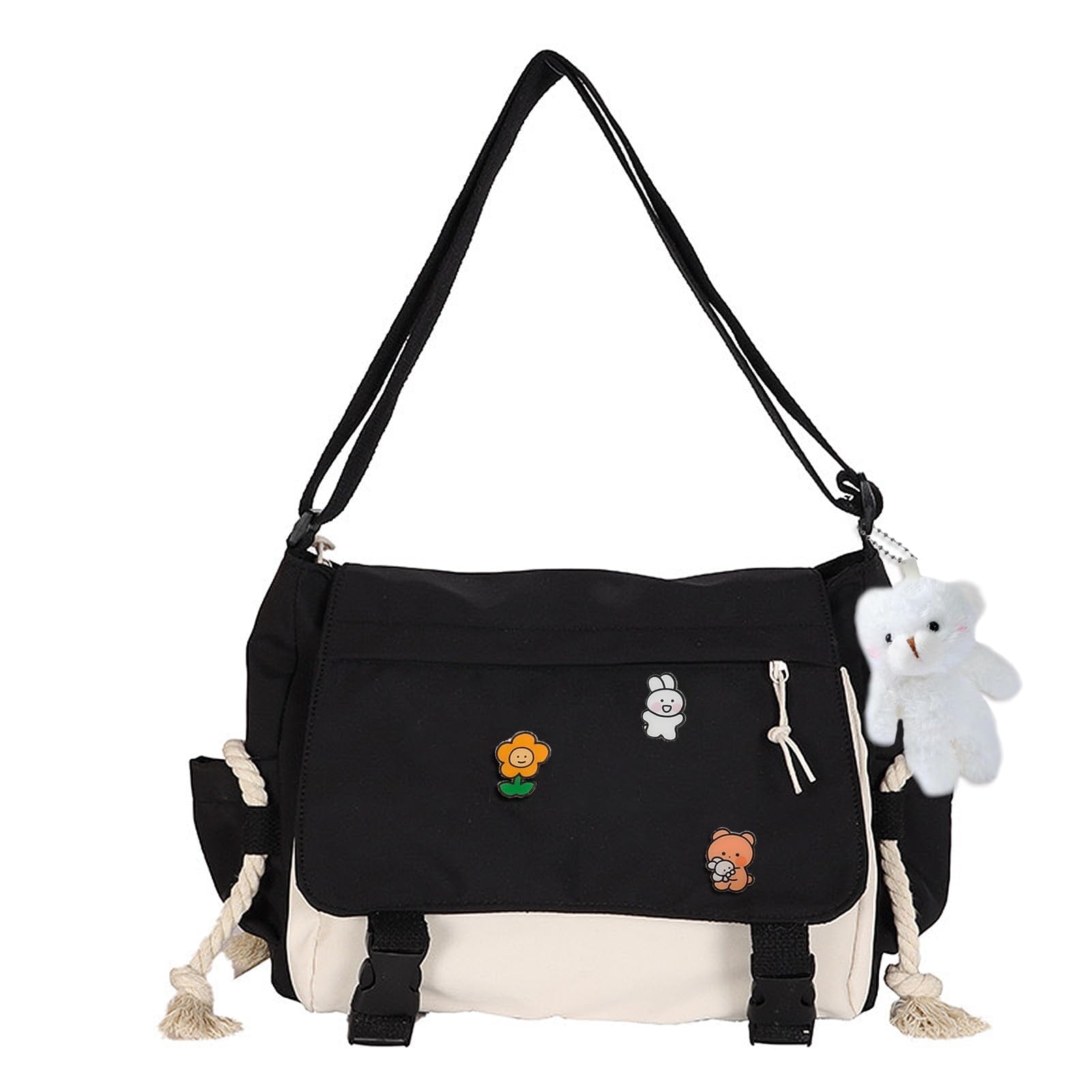 PRLINJSK Cute Messenger Bag for Teen Girls Women, Kawaii Crossbody Shoulder Purse with Pins and Stuffed Pendant Gift