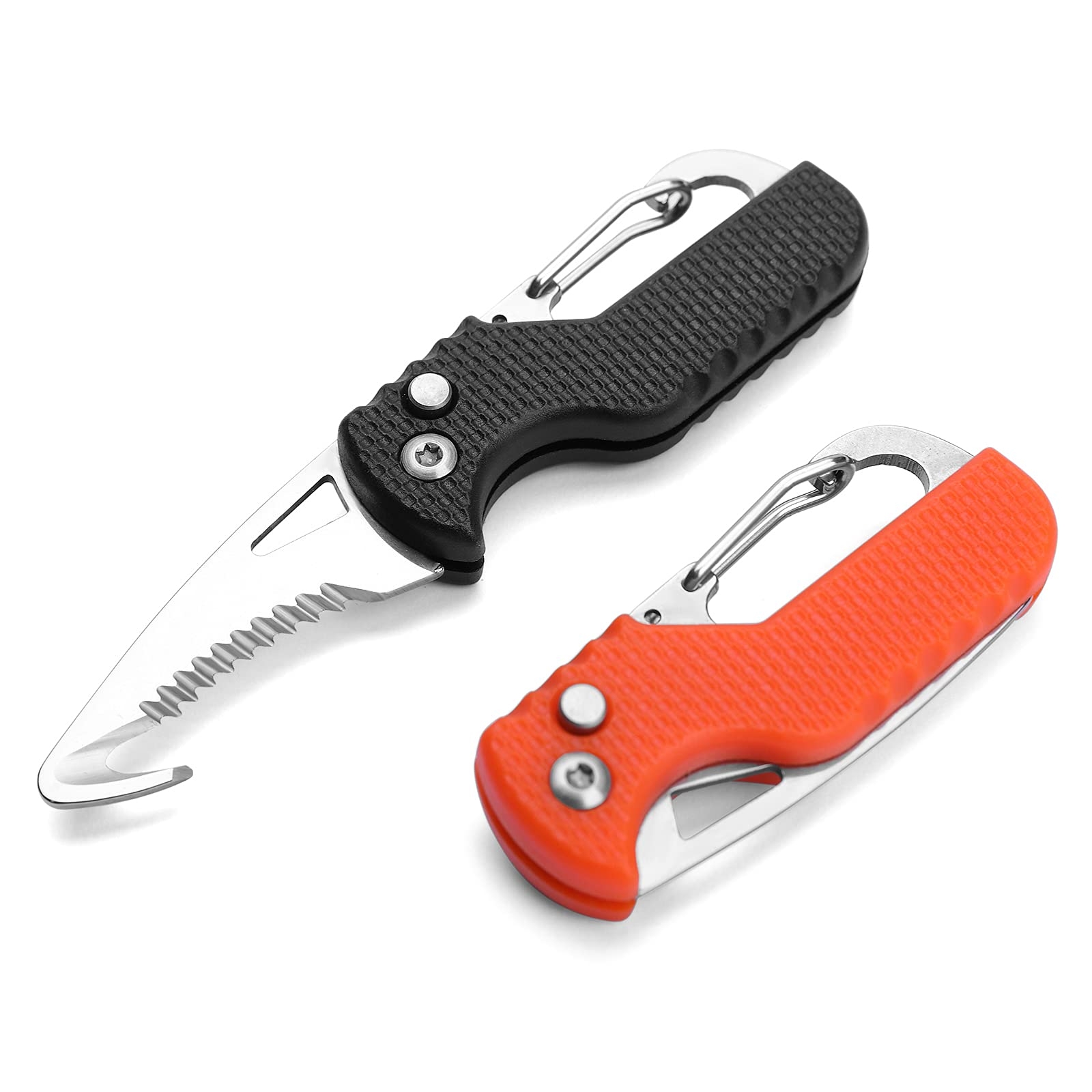 ITOKEY 2 Pack Safety Box Cutter, EDC Seat belt Cutter with 1.1inch Hook Blade, Retractable Package Opener for Wrap, Tape and Strap, Small Keychain Knife, Cool Gadgets for Women Men