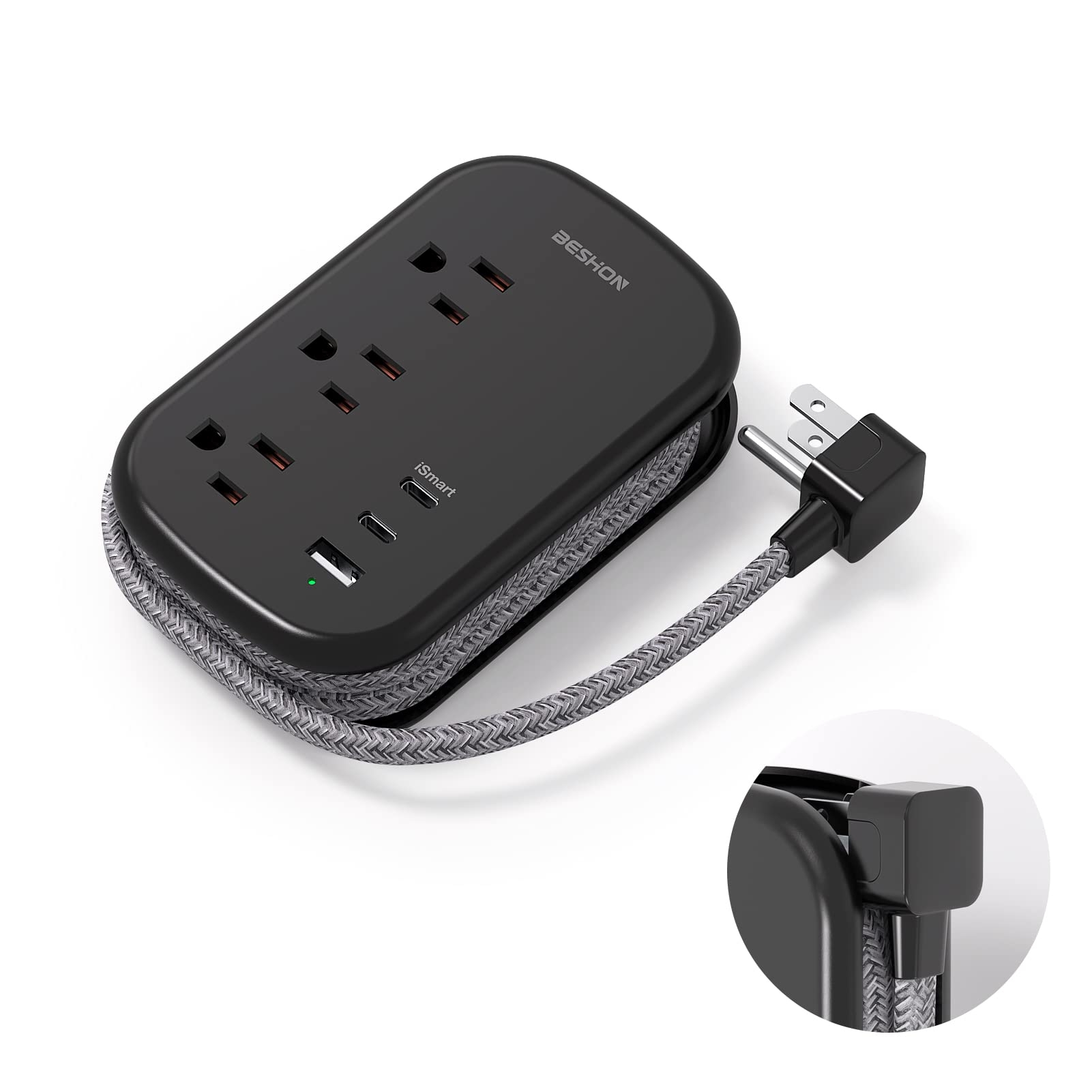USB C Travel Power Strip, BESHON Ultra Flat Extension Cord, Flat Plug Power Strip, 3 Outlets with 3 USB Ports(2 USB C), 3.2ft Wrapped Around Extension Cord for Cruise Ship, Travel Essentials, Black