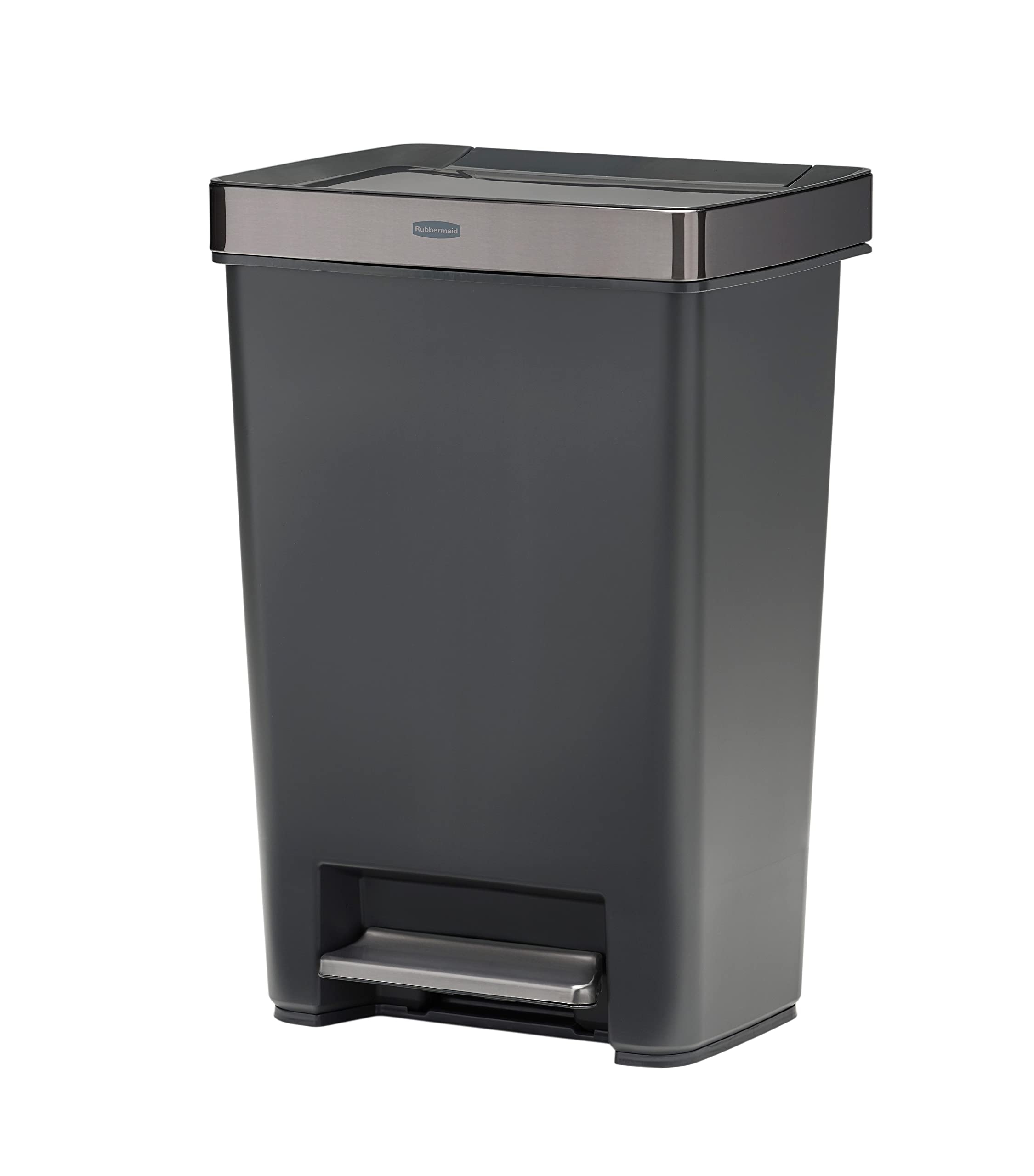 Rubbermaid Premier Series IV Step-On Trash Can for Home and Kitchen, 12.4 Gallon, Stainless Steel Lid Charcoal, for Home/Kitchen/Garage/Apartment/Office
