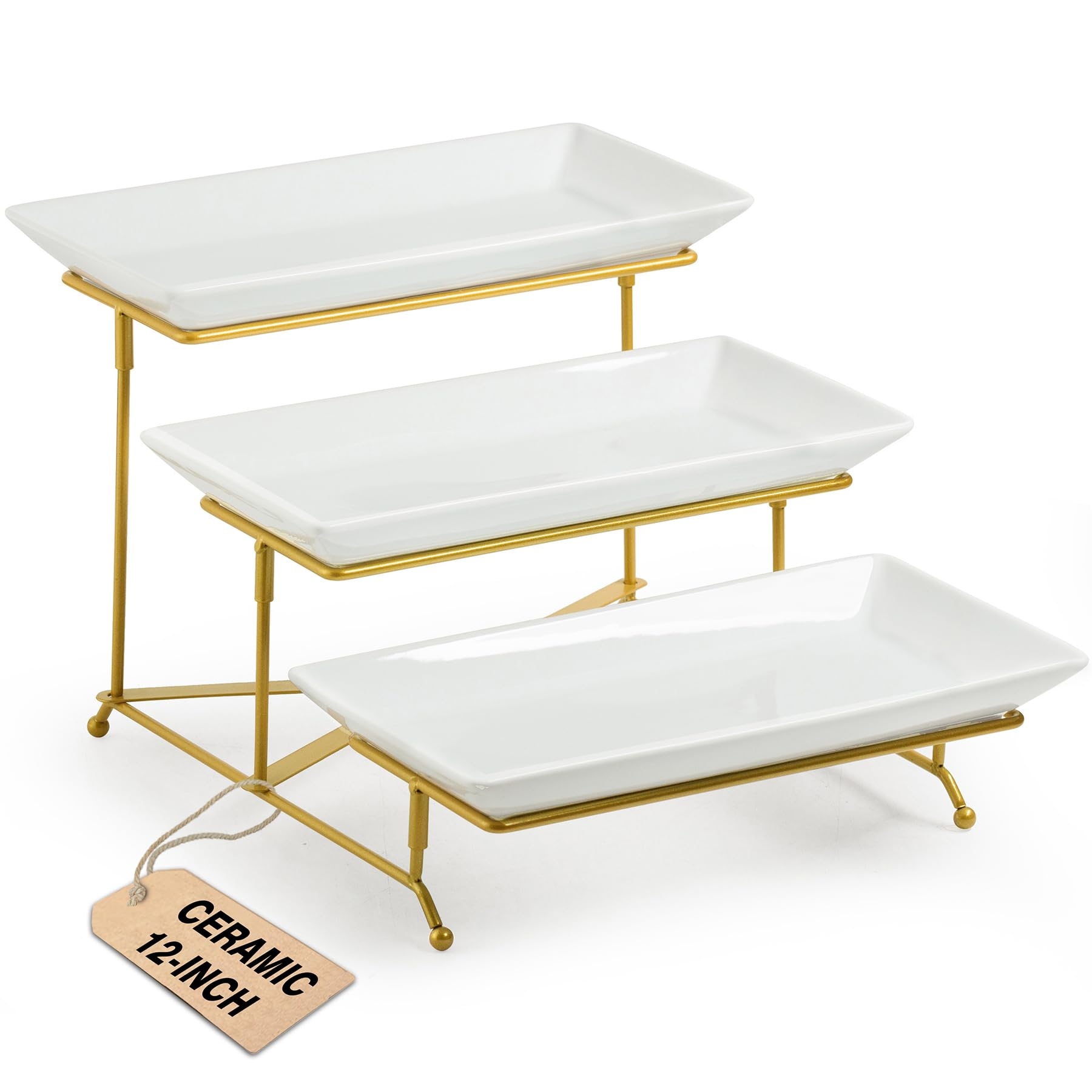 LAUCHUH 3 Tier Serving Stand Porcelain Serving Platter Tier Serving Trays with Collapsible Sturdier Rack, Serving Dishes and Platters for Valentine's Day, Christmas, Entertaining, Gold, 12 Inch