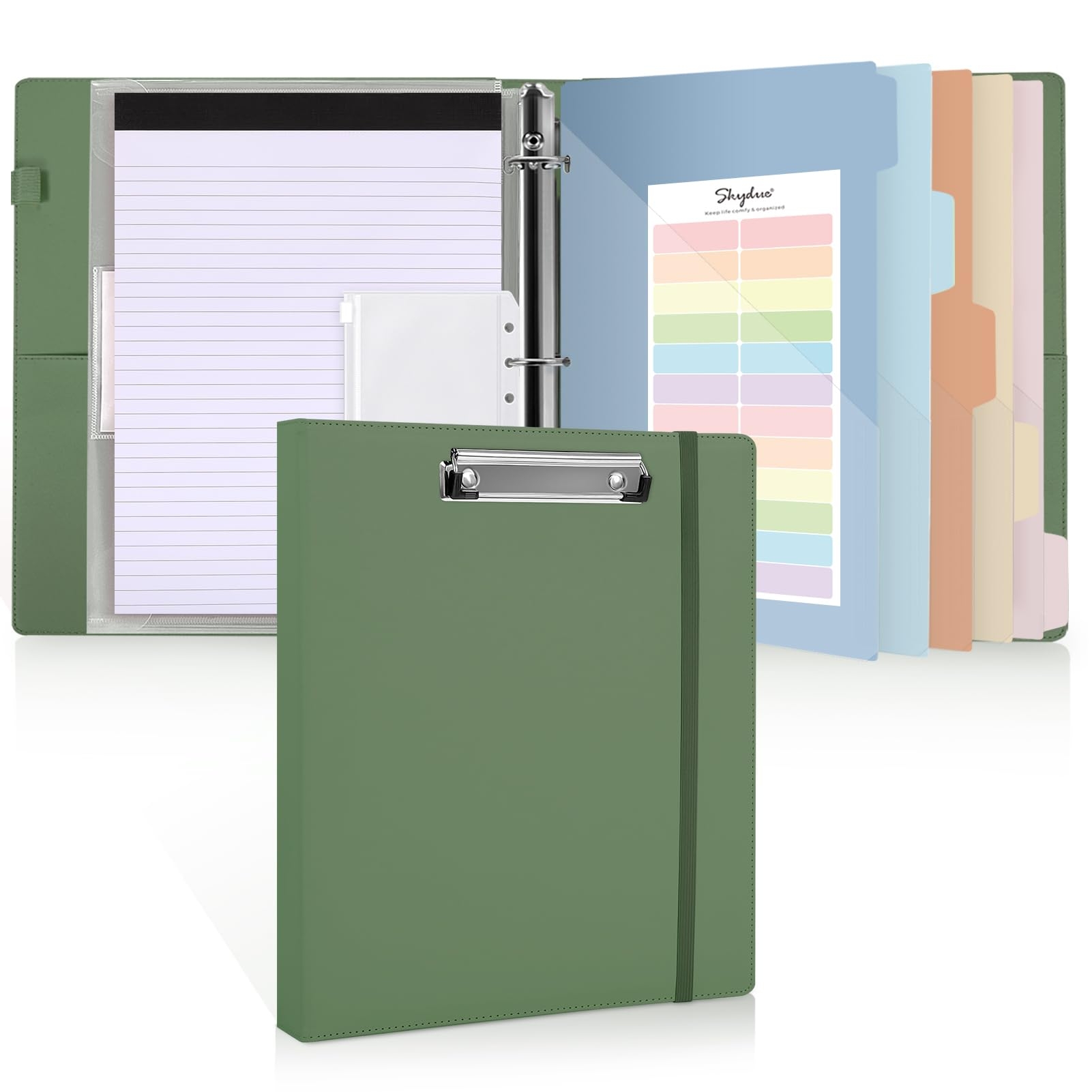 SKYDUE 3 Ring Binder with Clipboard 1 Inch, 13.2" × 10.2" PU Clipboard Binder with Notepad & 5 Dividers with 5 Pockets, Labels, Clipboard Folder Great for School Office(Fit Letter Sized Paper)
