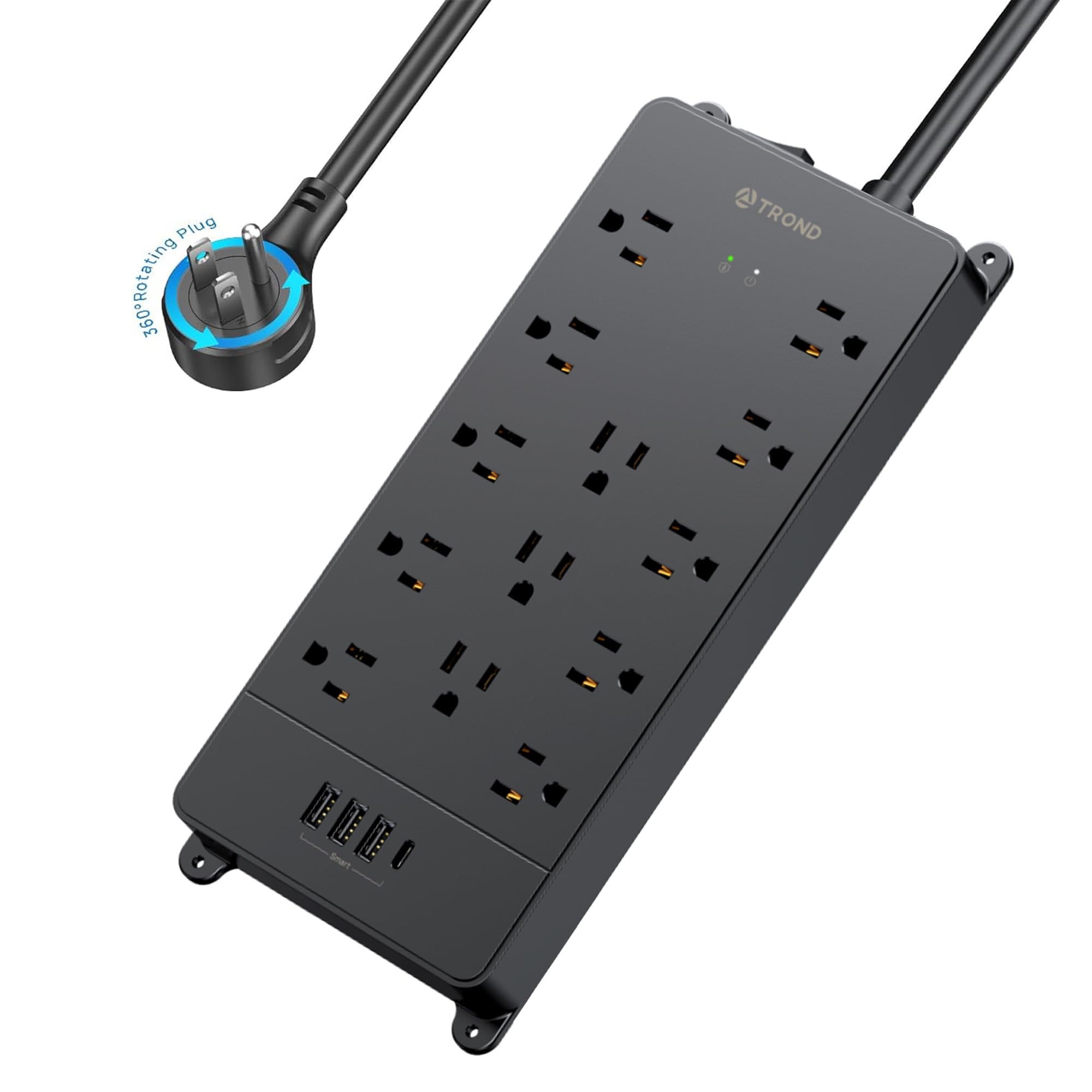 TROND Surge Protector Power Strip, 360° Rotating Flat Plug, 13AC Widely Spaced Outlets Expansion with USB C Port, 4000 Joules, 5ft Extension Cord Heavy Duty, Wall Mount, Under Desk, ETL Listed, Black