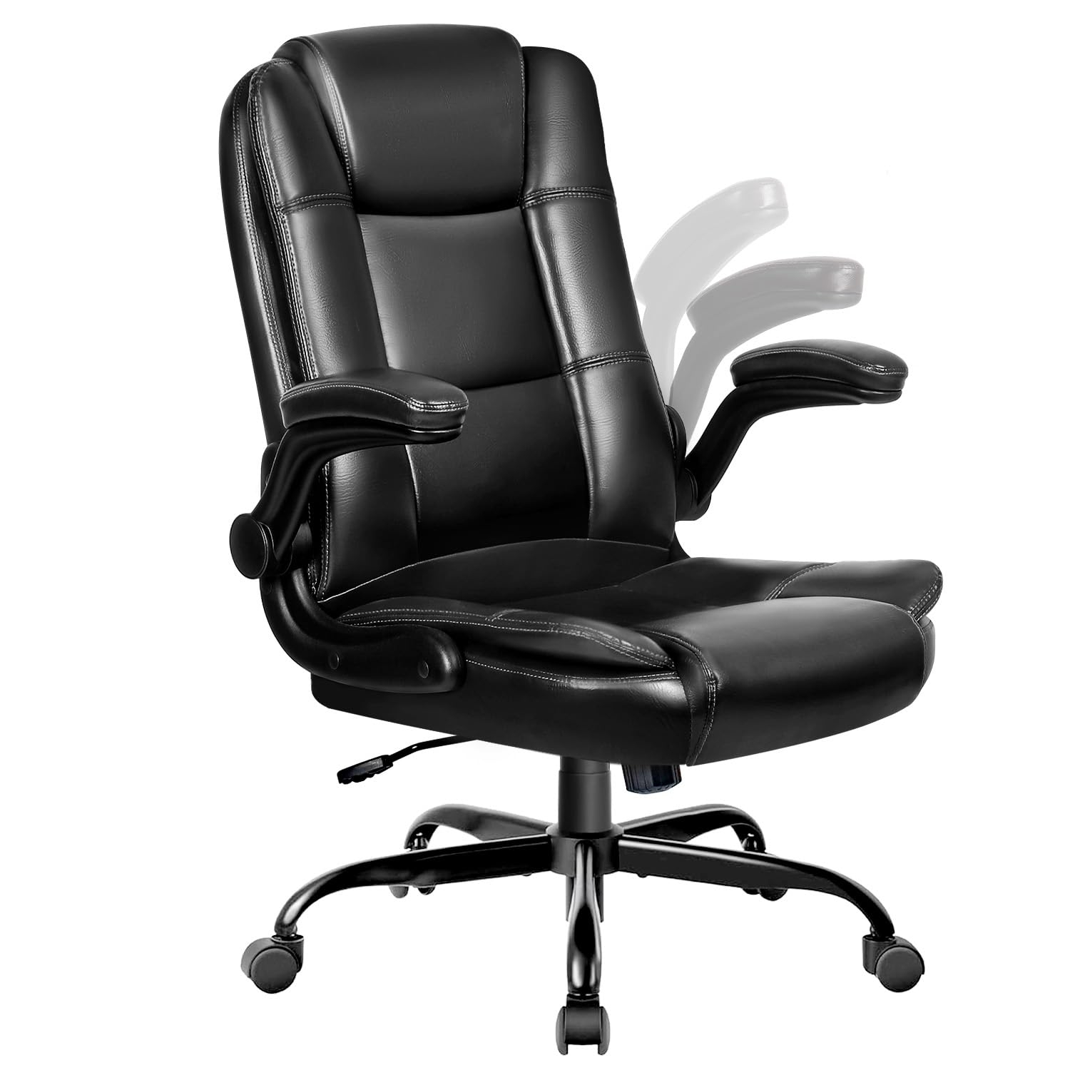 Leather Office Chair - Ergonomic Computer Desk Chair, High Back Executive Office Chair with Lumbar Support, Comfortable Leather Home Office Desk Chairs with Padded Flip-up Armrest, Black