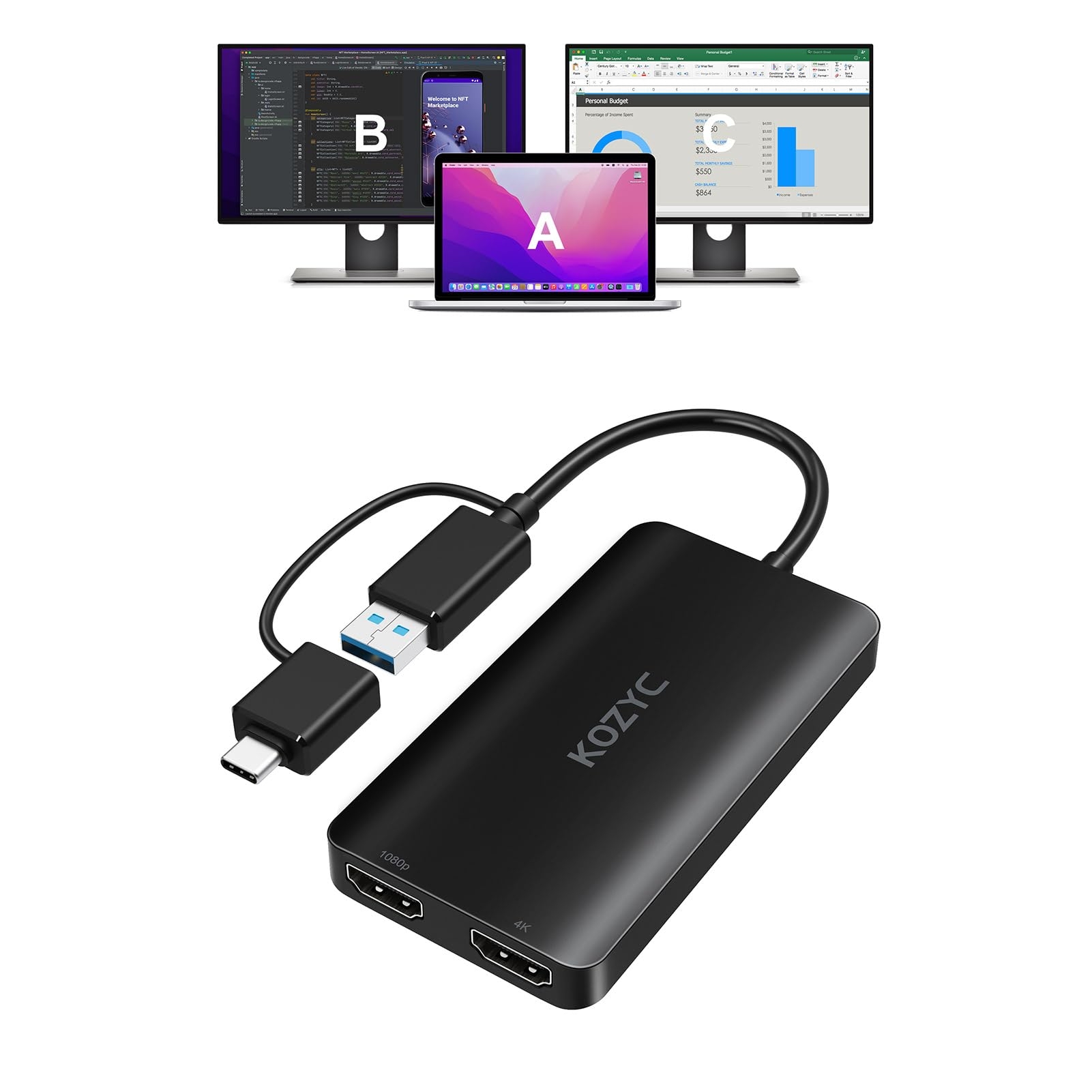 KOZYC USB 3.0 to HDMI Splitter Extended Display Dual Monitors, USB 3.0-A/C to Dual HDMI Adapter 4K@30Hz+1080p@60Hz Compatible MacBook/MacBook Pro Air Dell (MST Support MacOS/Windows)