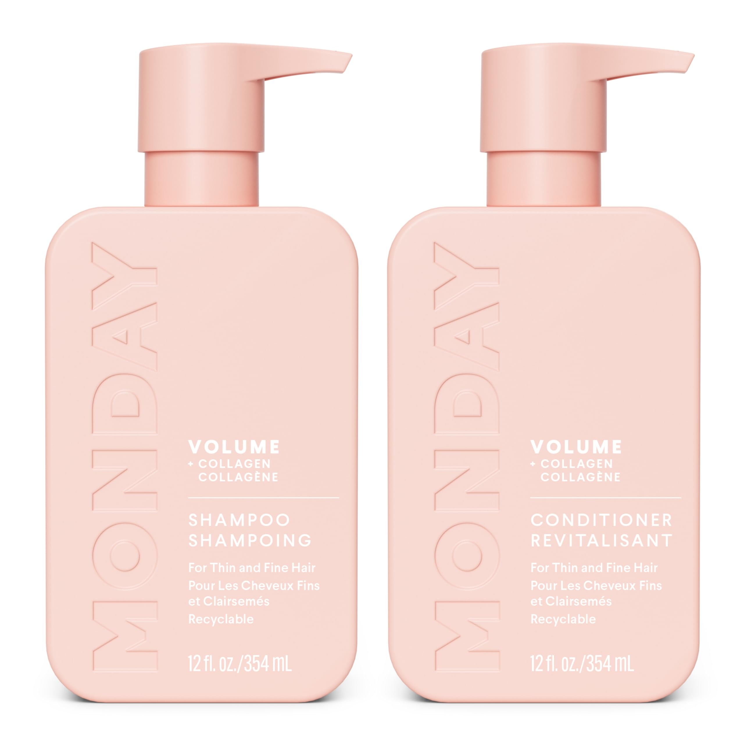 MONDAY HAIRCARE Volume Shampoo + Conditioner Set (2 Count) 12 oz. For Thin, Fine, and Oily Hair Made with Coconut Oil, Ginger Extract, and Vitamin E 100% Recyclable Bottle