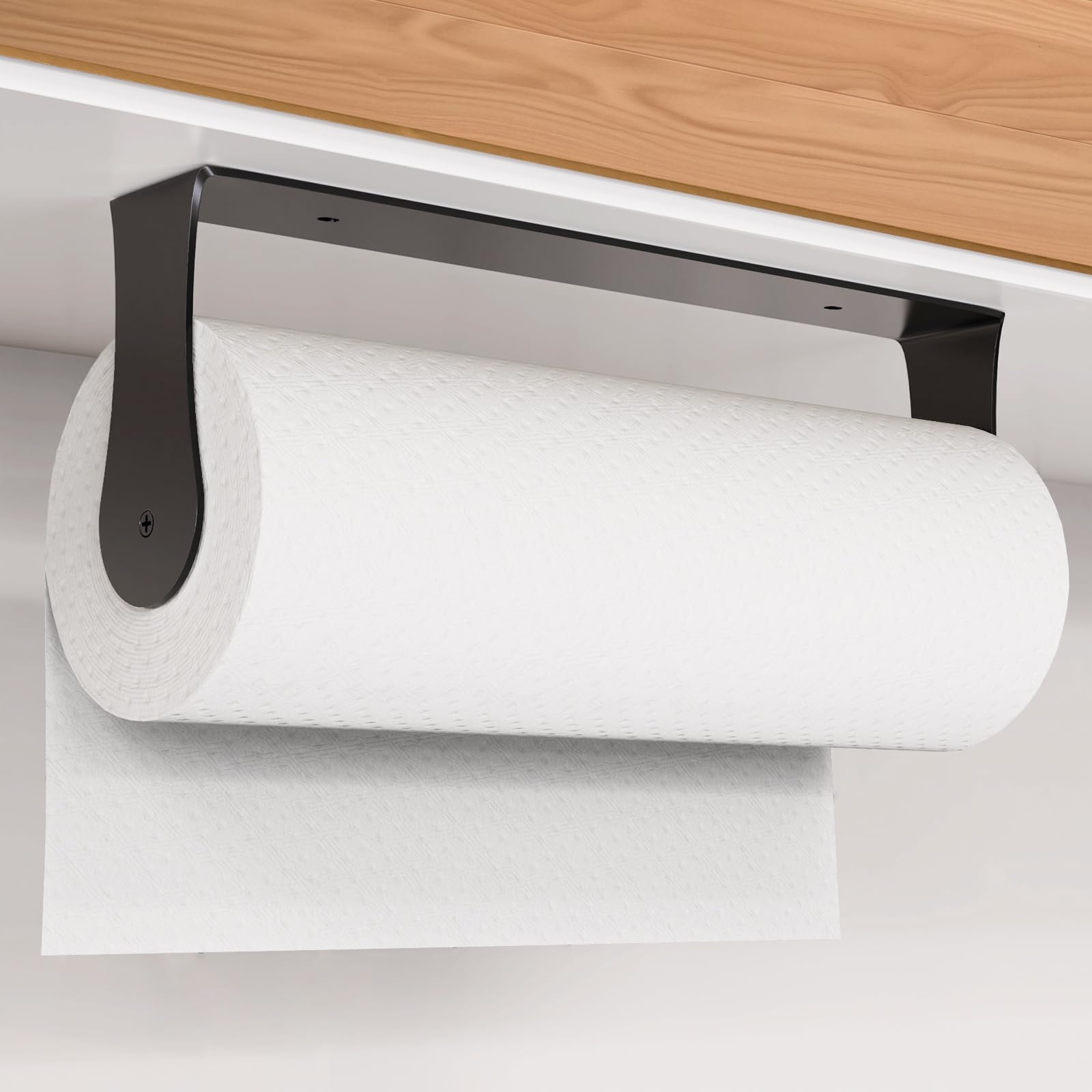 HZE Paper Towel Holder Under Cabinet, Stainless Steel, Black Wall Mount Paper Towel Holder for Kitchen and Bathroom, Adhesive or Screws