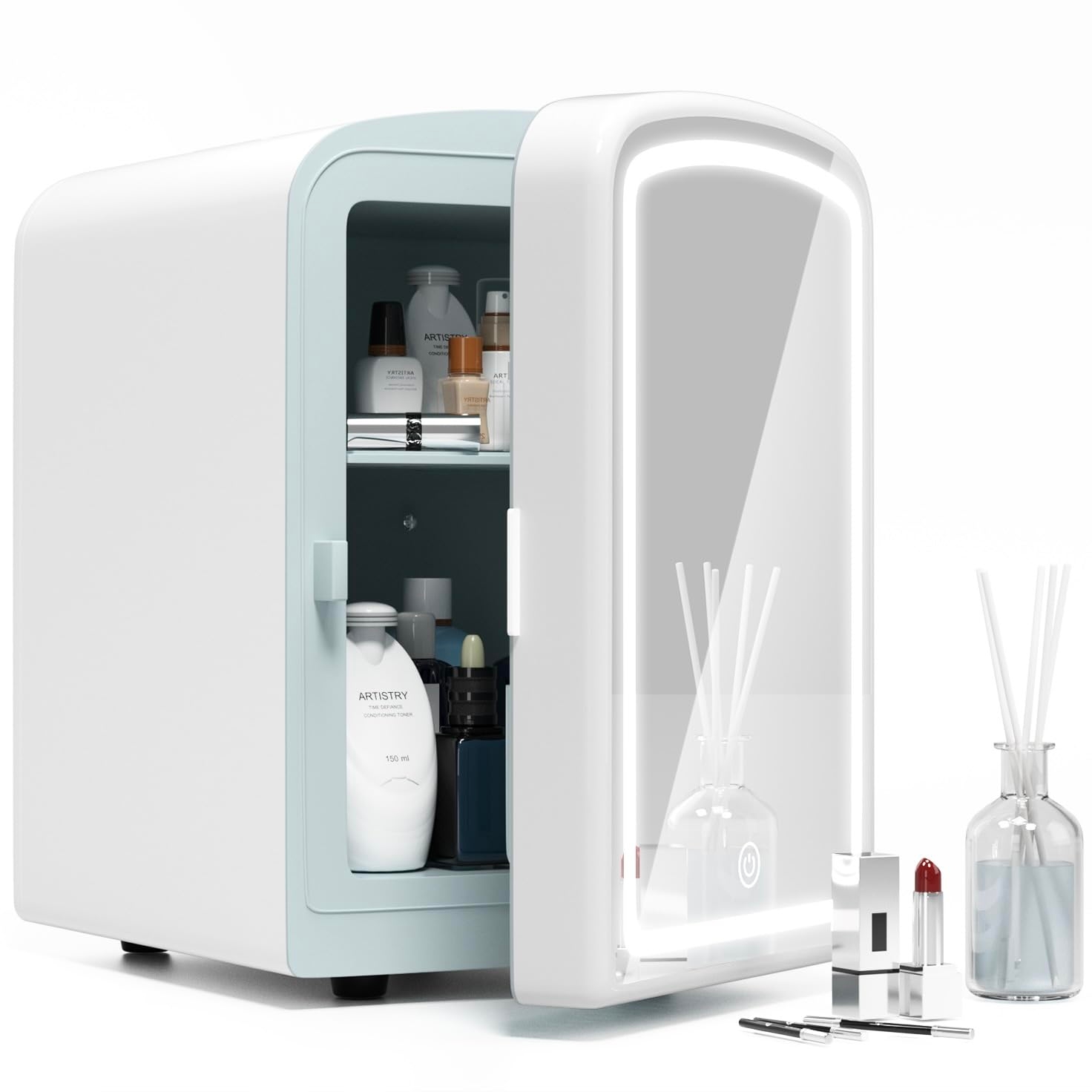 COYCYQI Mini Fridge for Skin Care, 4 Liter Portable Small Fridge with Dimmable LED Mirror, Cooling and Warming Function Personal Beauty Refrigerator for Bedroom, Office, Car, Makeup (White)