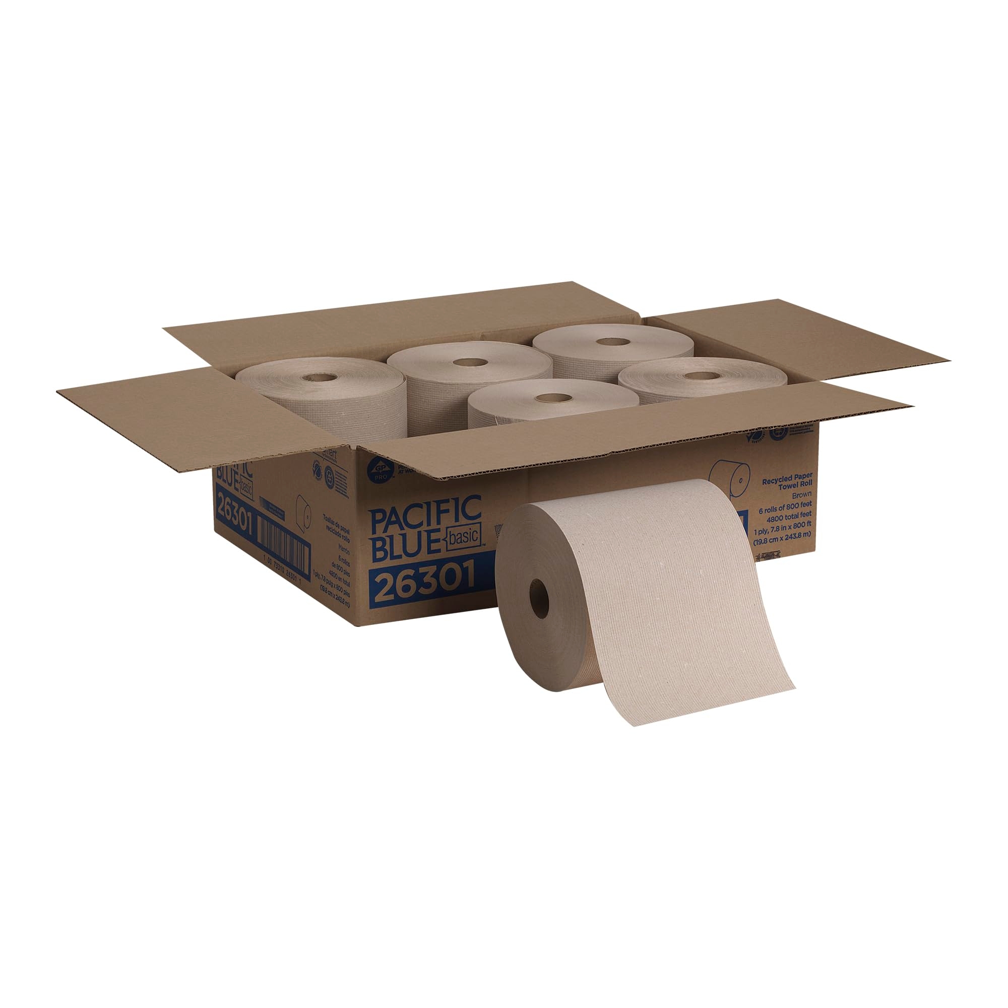 Pacific Blue Basic Recycled Hardwound Paper Towel Rolls by GP PRO (Georgia-Pacific), Brown, 26301, 800 Feet Per Roll, 6 Rolls Per Case