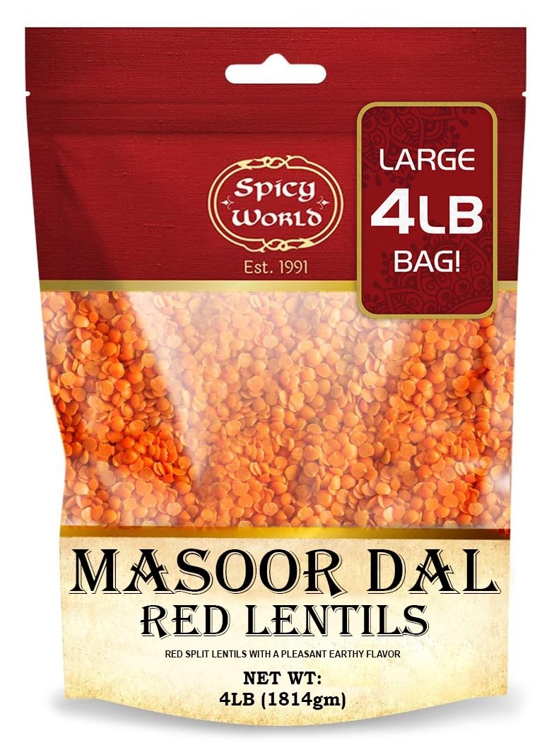 Masoor Dal 4 Pound Bag - Split Red Lentils Dry - All Natural, Pure, Vegan - Resealable Bag by Spicy World