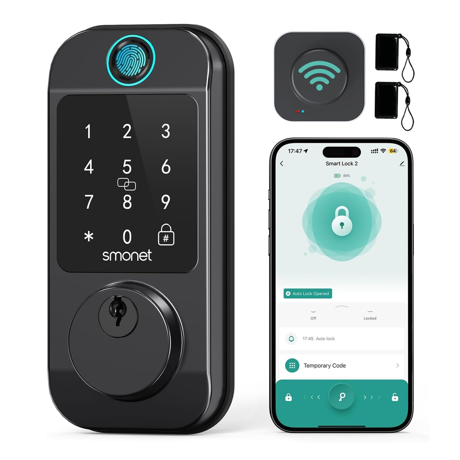 Smart Locks WiFi Deadbolt: SMONET Fingerprint Front Door Lock Keyless Entry with Keypad Electronic Digital Deadbolt Alexa Gateway Remote Control, Bluetooth APP KeyFob Code Auto-Lock for Home, Black