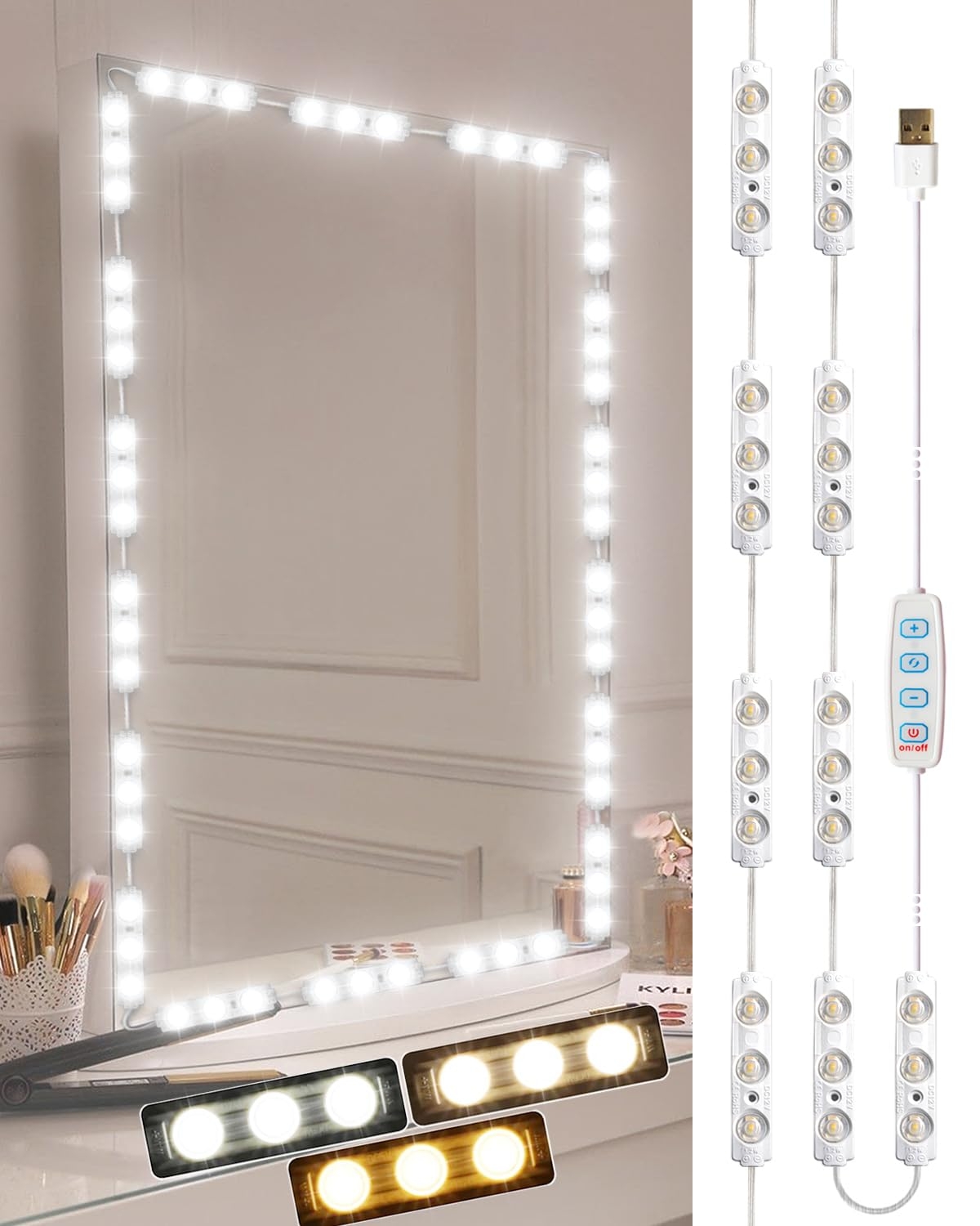 DLOMT Vanity Lights for Mirror LED Makeup Light Strip with 3 Color Temperature Lighting Modes and Dimmable Stick on Vanity Bathroom Mirror,Ultra Bright (Mirror Not Included)