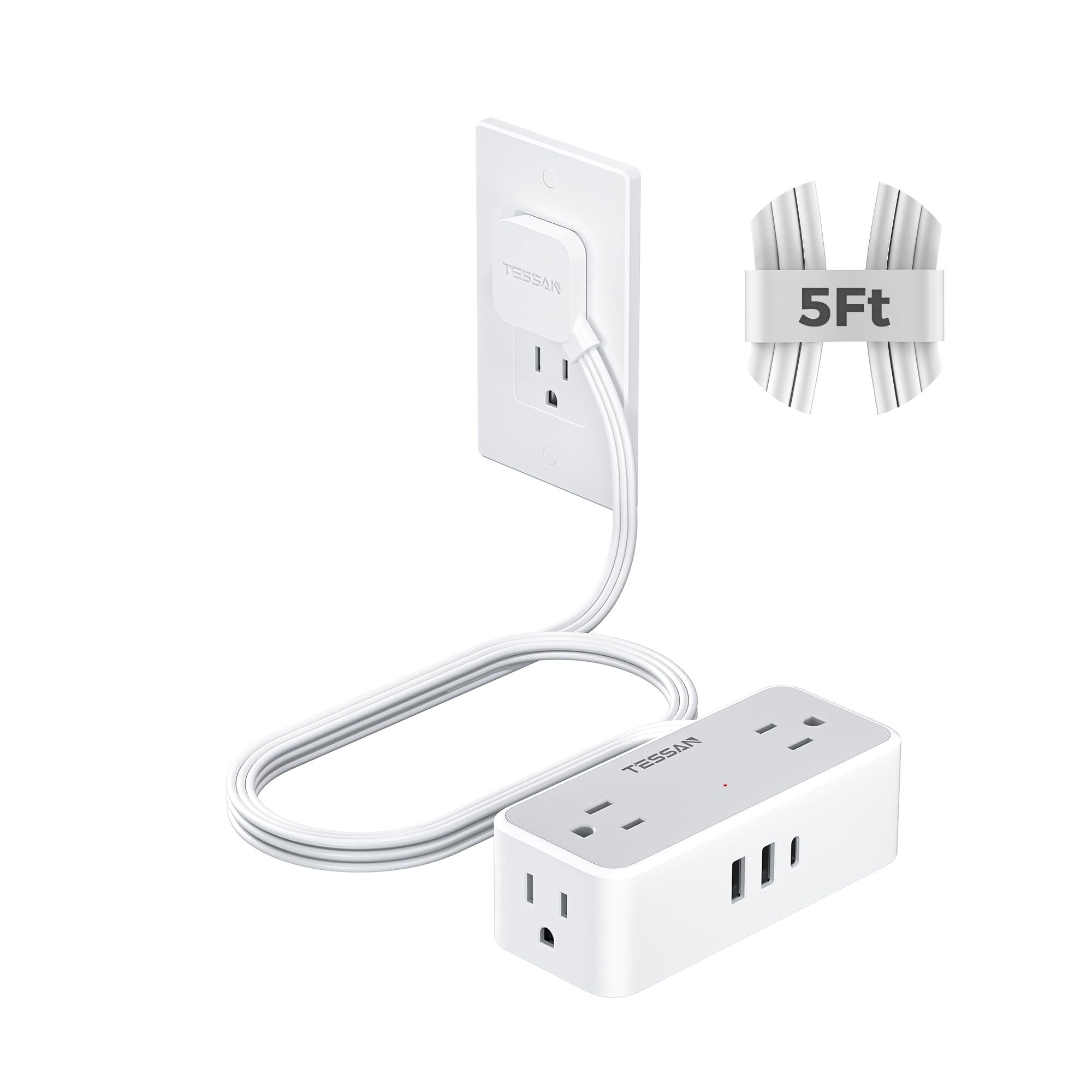 Flat Plug Extension Cord 5 FT, TESSAN Surge Protector Power Strip with 4 AC Outlets 1 USB C and 2 USB A Ports, 900 Joules Protection, Multiple Wall Outlet Extender Suitable for Home Office Dorm