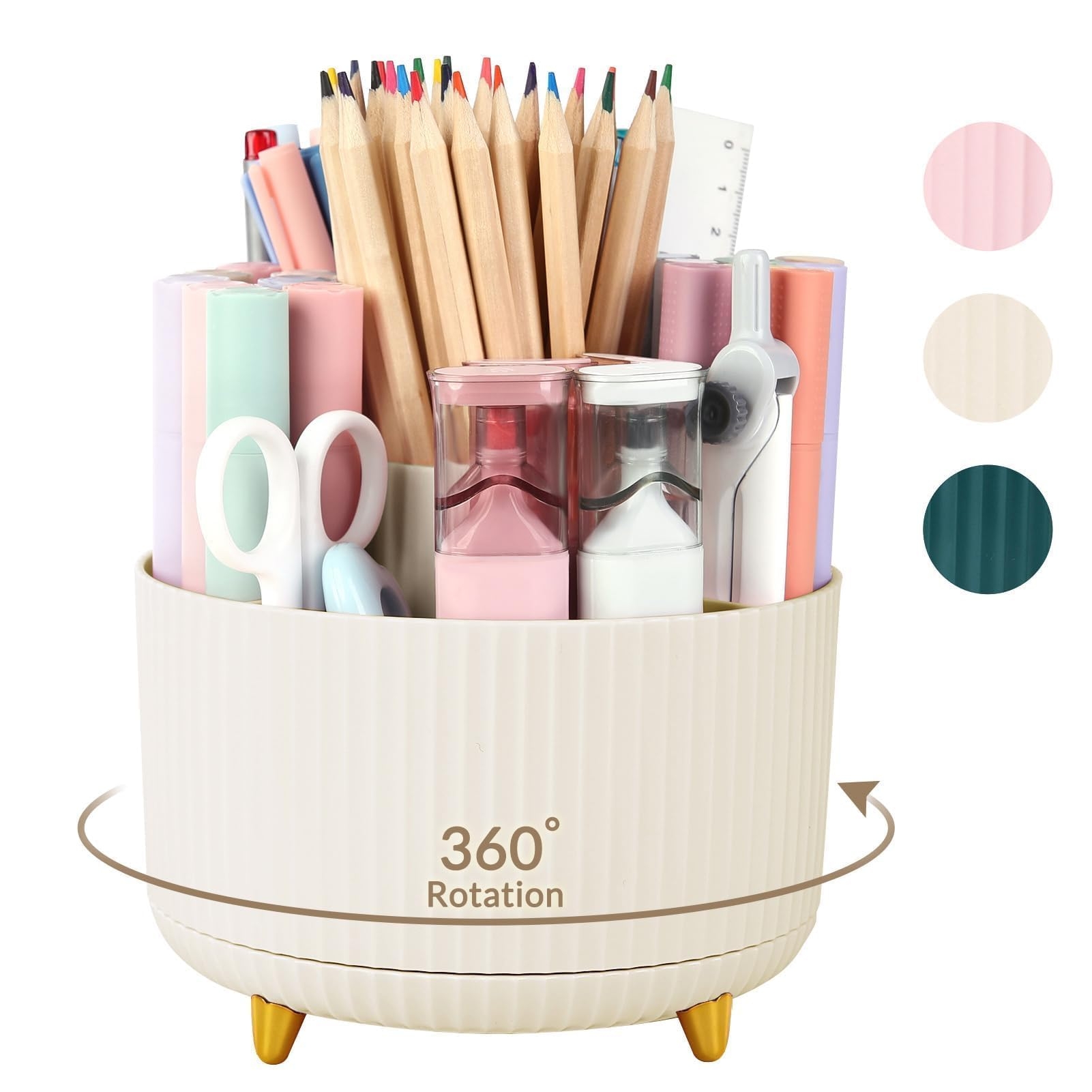 SKYDUE 360 Rotating Plastic Desk Pen Organizer with 5 Slots, Dual-Purpose Art Supply Pencil Cup for Office, School, Home