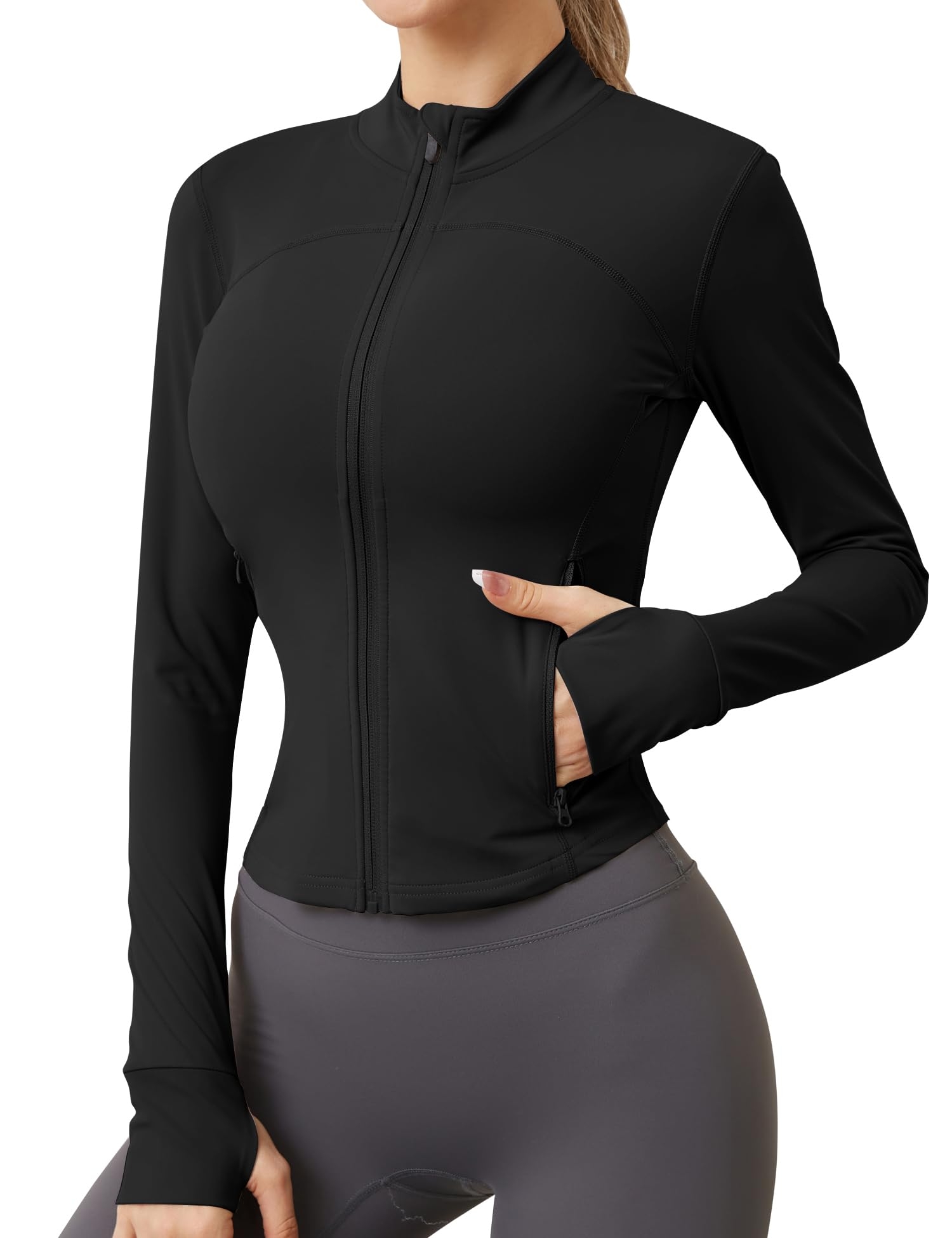 AKEWEI Womens Zip Up Workout Jackets Lightweight Athletic Slim Fit Track Jacket with Inner and Outer Pockets and Thumb Holes