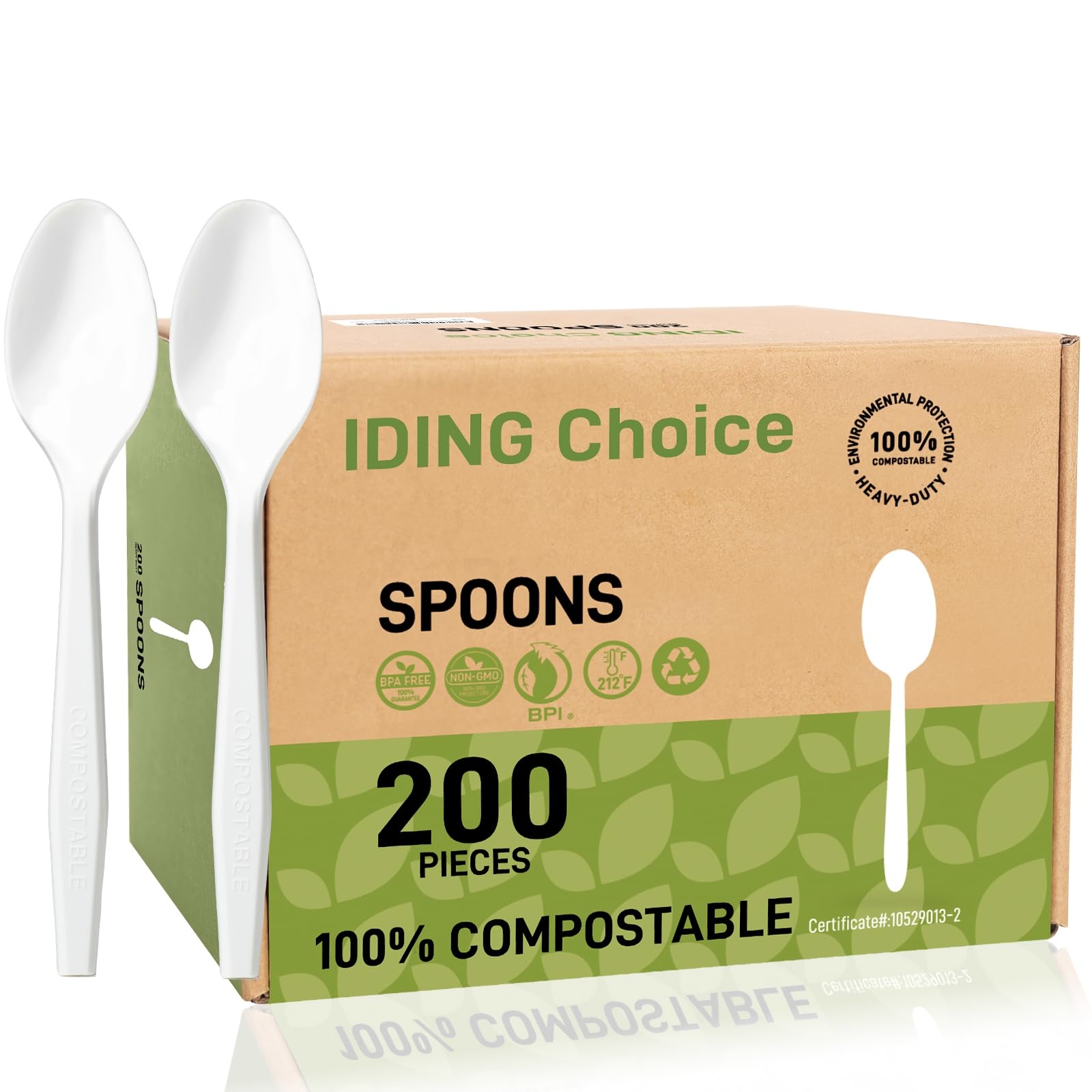 IDING Choice 100% Compostable 200 Count No Plastic Spoons, Plastic Utensils, The Heavyweight Heavy Duty Flatware is Eco-Friendly Products for Lounge Party Wedding Office BBQ Picnic Camping.