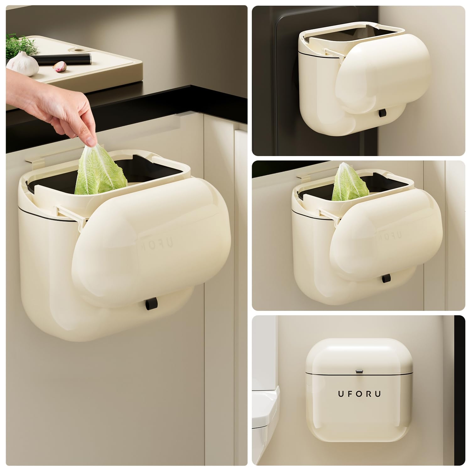 UFORU 2.4gal/9L Compost Bin Kitchen for Counter Top or Under Sink, Plastic Hanging Trash Can with Lid, Wall Mounted Garbage Can for Bathroom, Office, RV