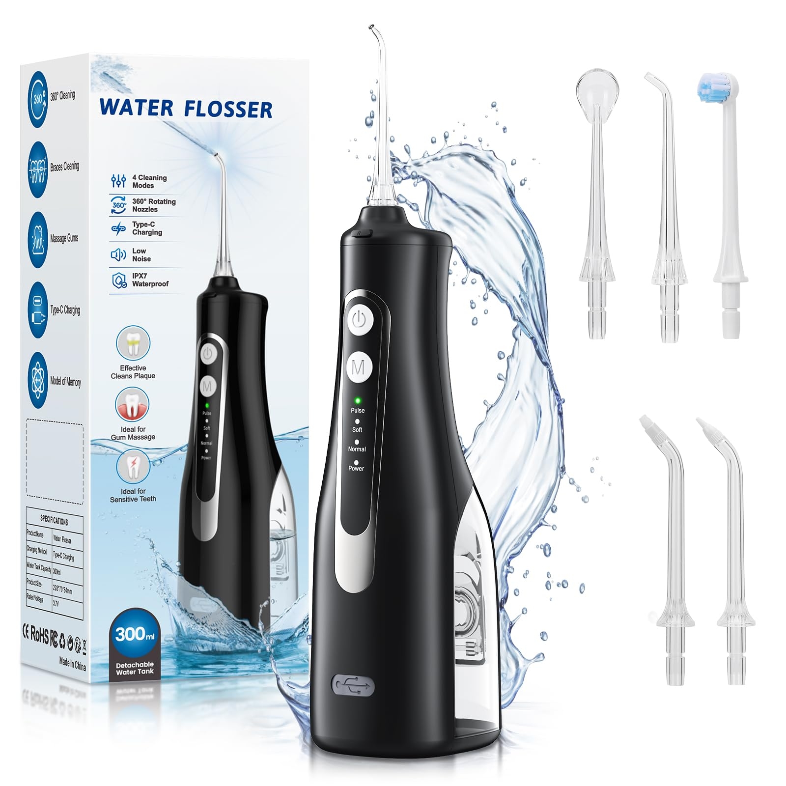 Water Dental Flosser Teeth Pick - 4 Modes Cordless Oral Irrigator - 300ML Portable and Rechargeable IPX7 Waterproof - Water Dental Piks for Cleaning for Home Travel - Oral Dental Care Fsa Hsa