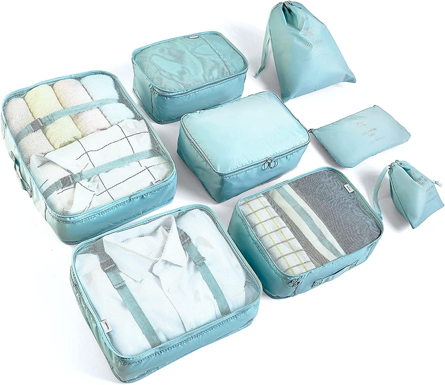 LANSKLBD 8 Set Packing Cubes for Suitcases Travel Luggage Packing Organizers,Travel Essentials Accessories Luggage Organizer with Shoe Bag Tioletry/Laundry Bag (light blue)