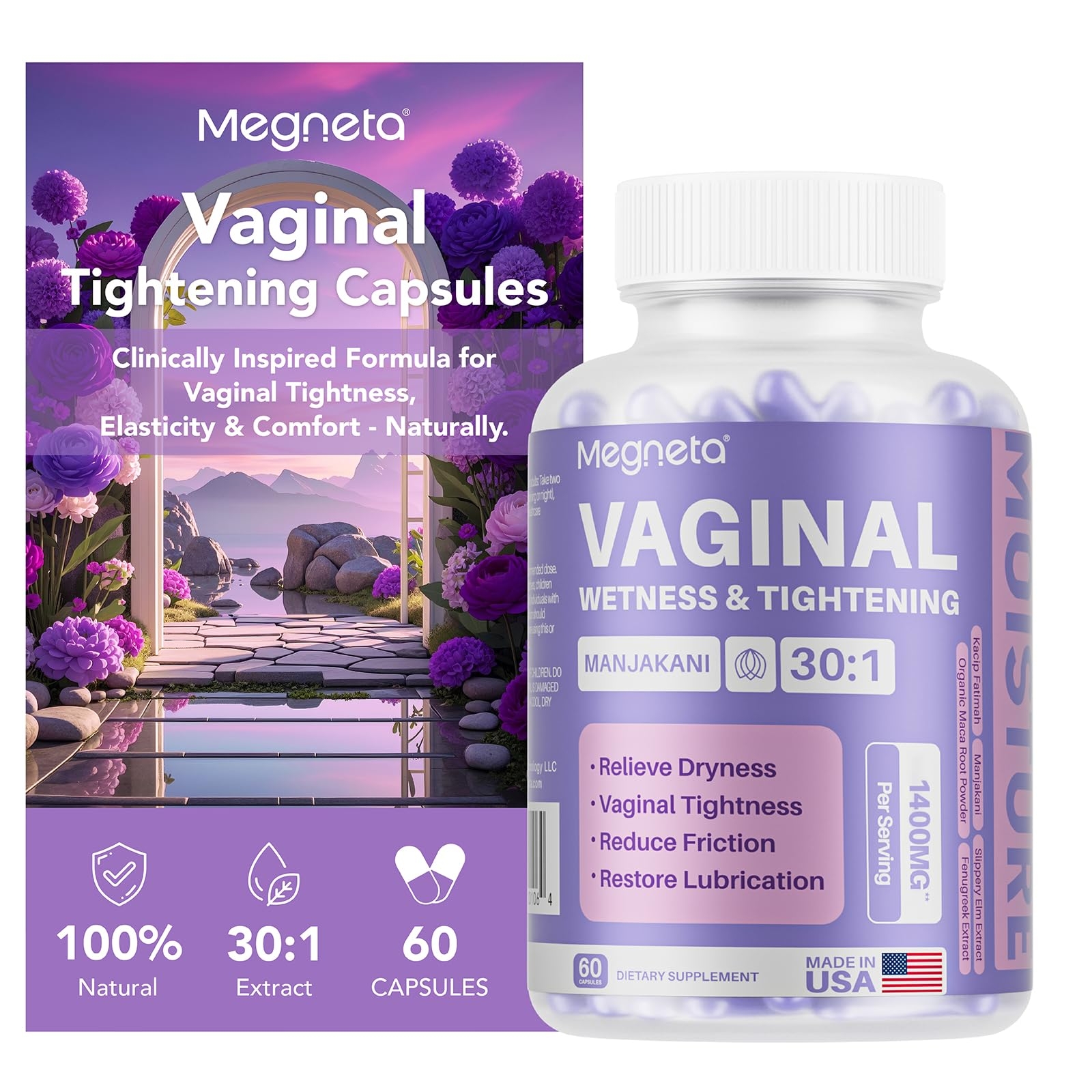 Vaginal Tightening Capsules for Women – Kacip Fatimah, Manjakani & Slippery Elm – Support Elasticity, pH Balance & Intimate Dryness Relief – 60 Vegan Capsules – No Gel or Cream Needed