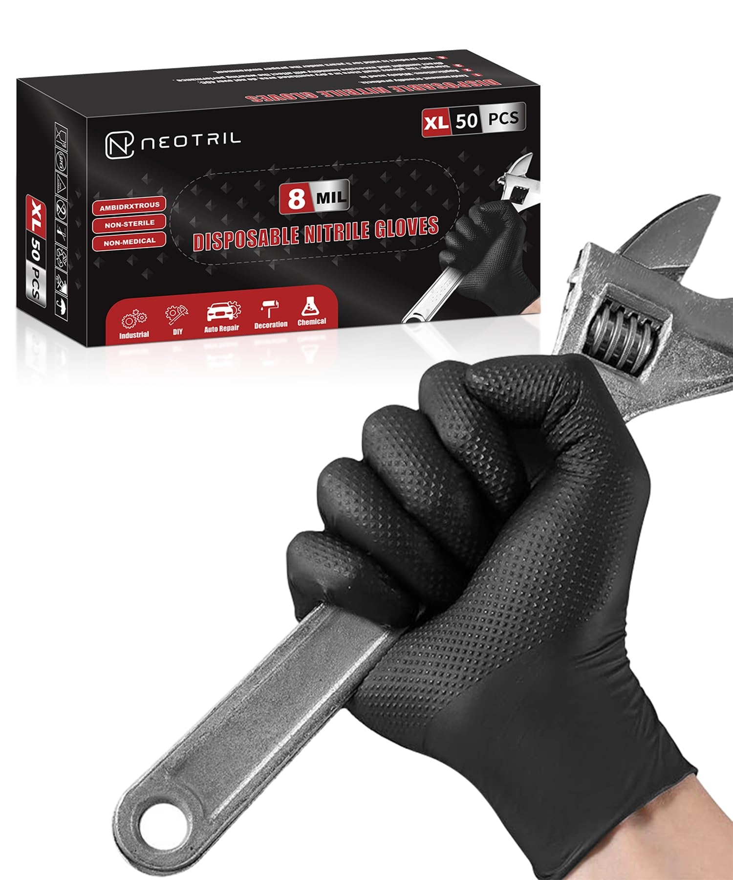 NEOTRIL 8 Mil Heavy Duty Disposable Nitrile Gloves with Diamond Texture Grip Rubber Gloves Latex & Powder Free