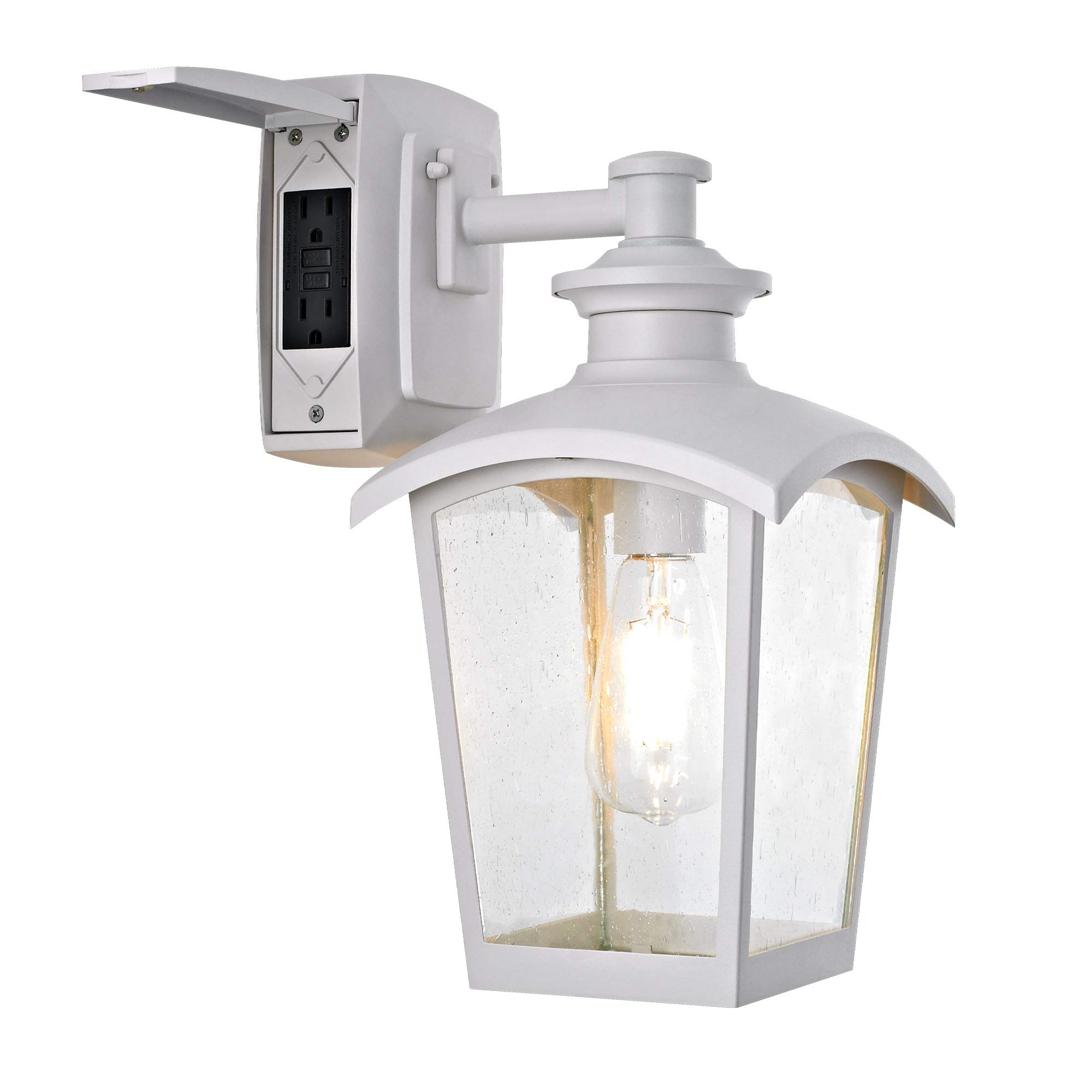 Home Luminaire 31856 Spence 1-Light Outdoor Wall Lantern with Seeded Glass and Built-in GFCI Outlet, White