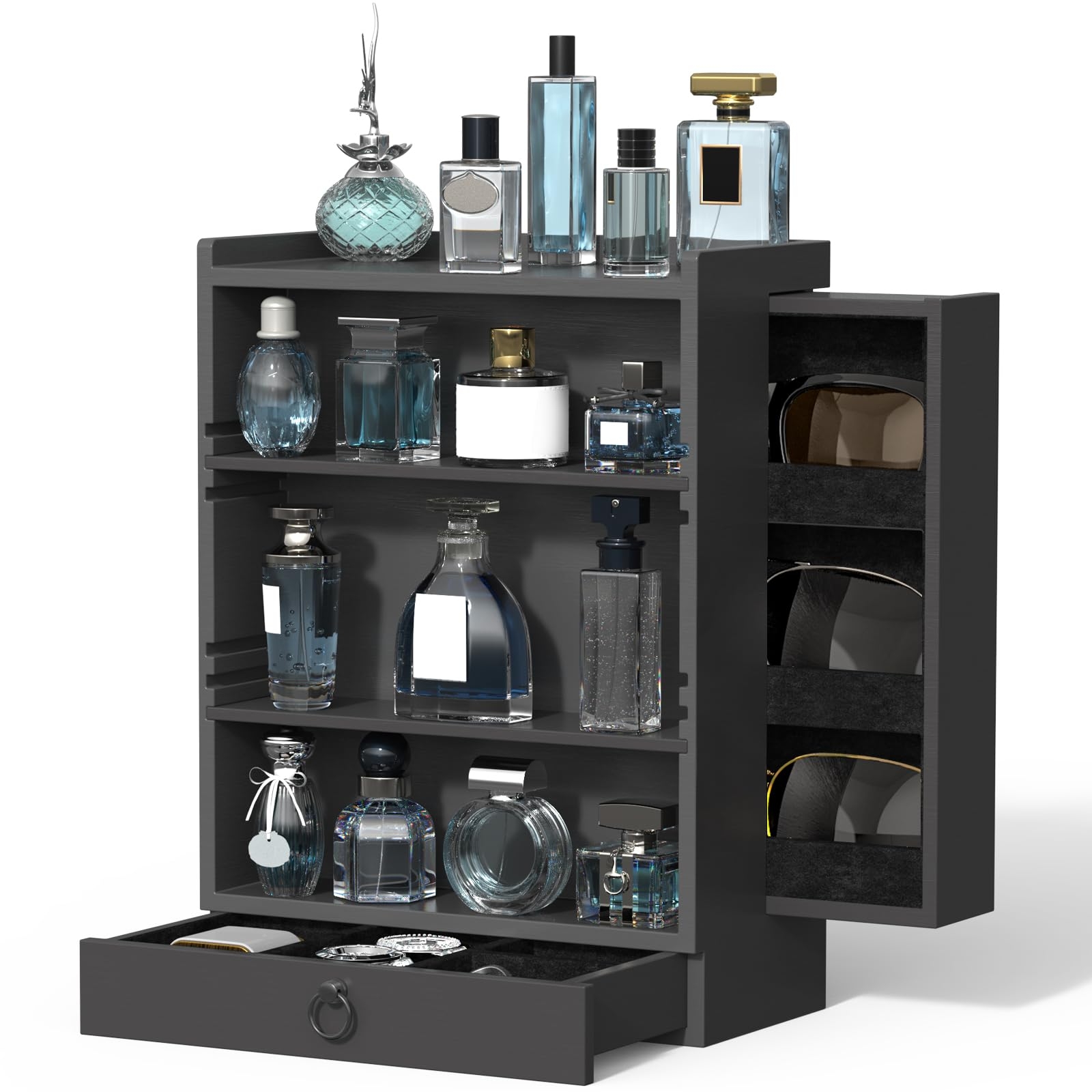 upcessory Cologne Organizer for Men, 4-Storey Vertical Wood Perfume Stand, Large Cologne Display Shelf with Felt Lining Drawer and 2 Hidden Compartments, A Great Gift for Men