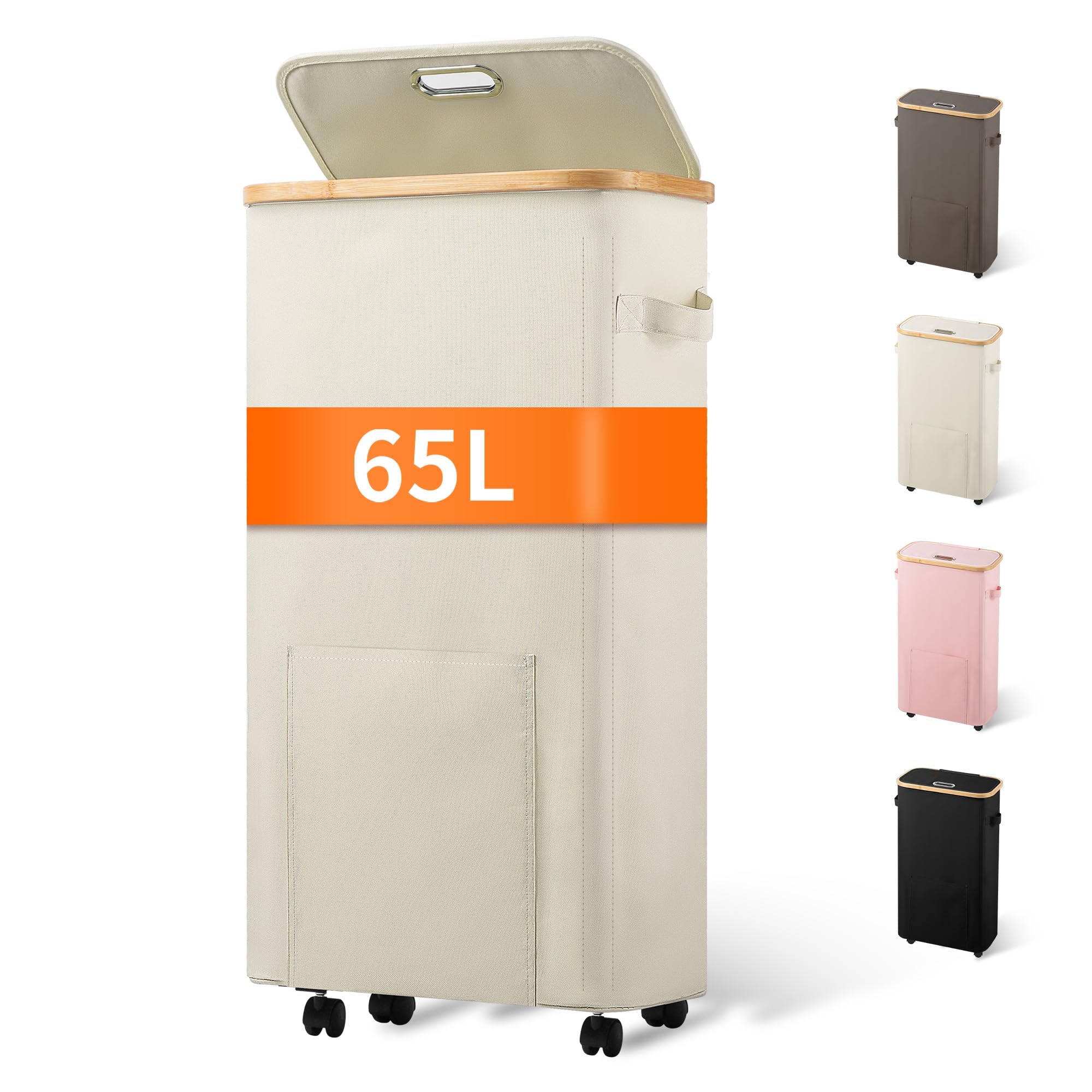 Vincona Slim Laundry Basket with Wheels, Tall Dirty Clothes Hamper on Wheels, Narrow Rolling Laundry Hamper with lid for Dorm, Bedroom and Bathroom, 65L Beige
