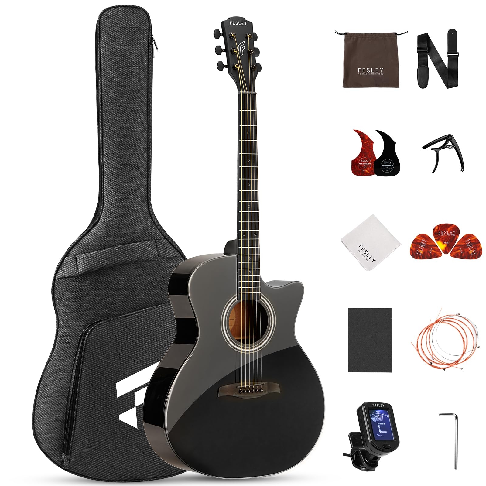 41" Acoustic Guitar Kit for Beginner: 4/4 Full Size Cutaway Acustica Guitarra Bundle for Adult Teen with Gig Bag, Tuner, Strap, Strings, Picks, Capo, FF60, Black