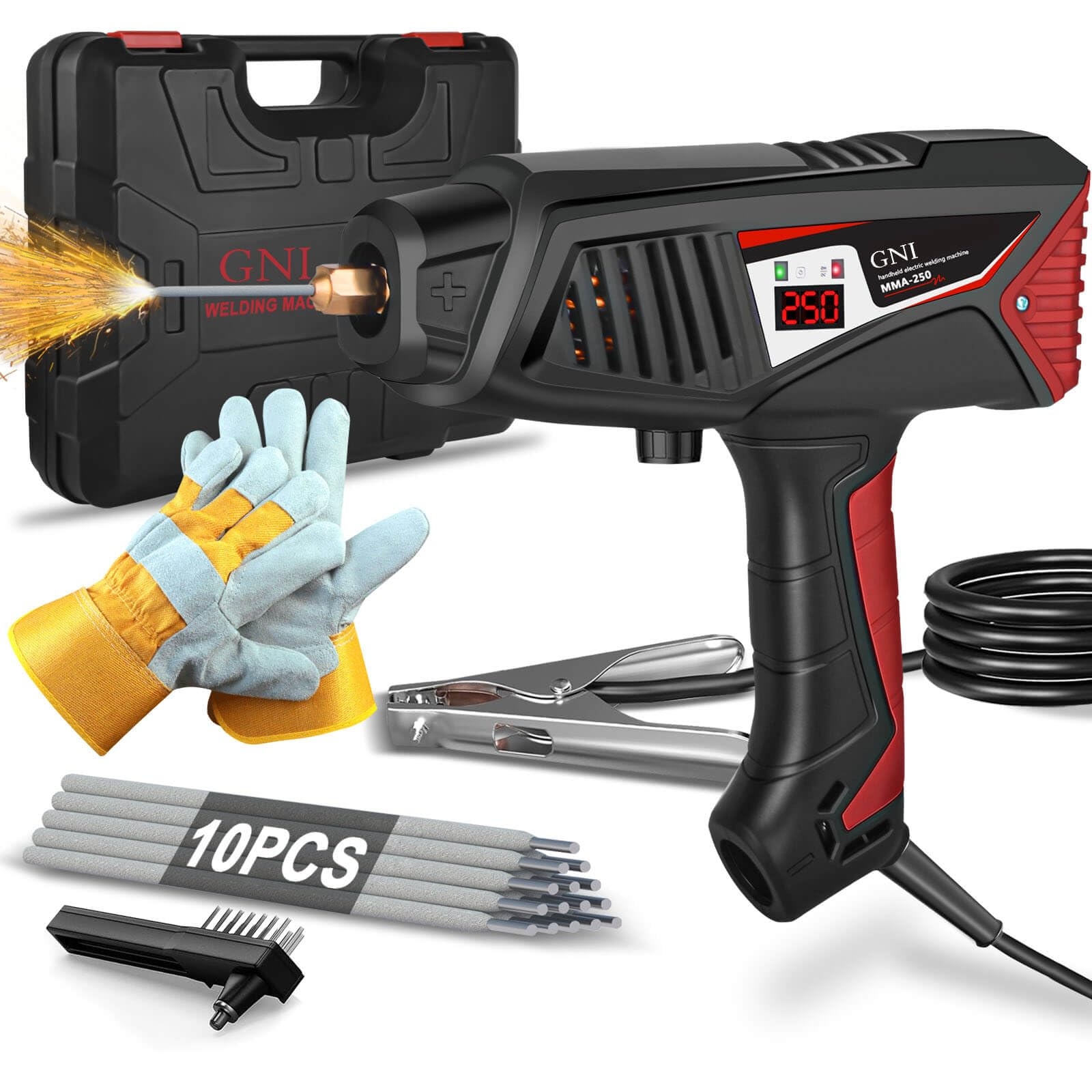 GNI Welding Machine Handheld, Portable Welder Machine 110V 250A with Toolbox, 10PCS Rods Stick Welder for 1/16"-1/8" Rod, IGBT Inverter LCD Digital Display Hand Held Welder with Arc Force Anti-stick