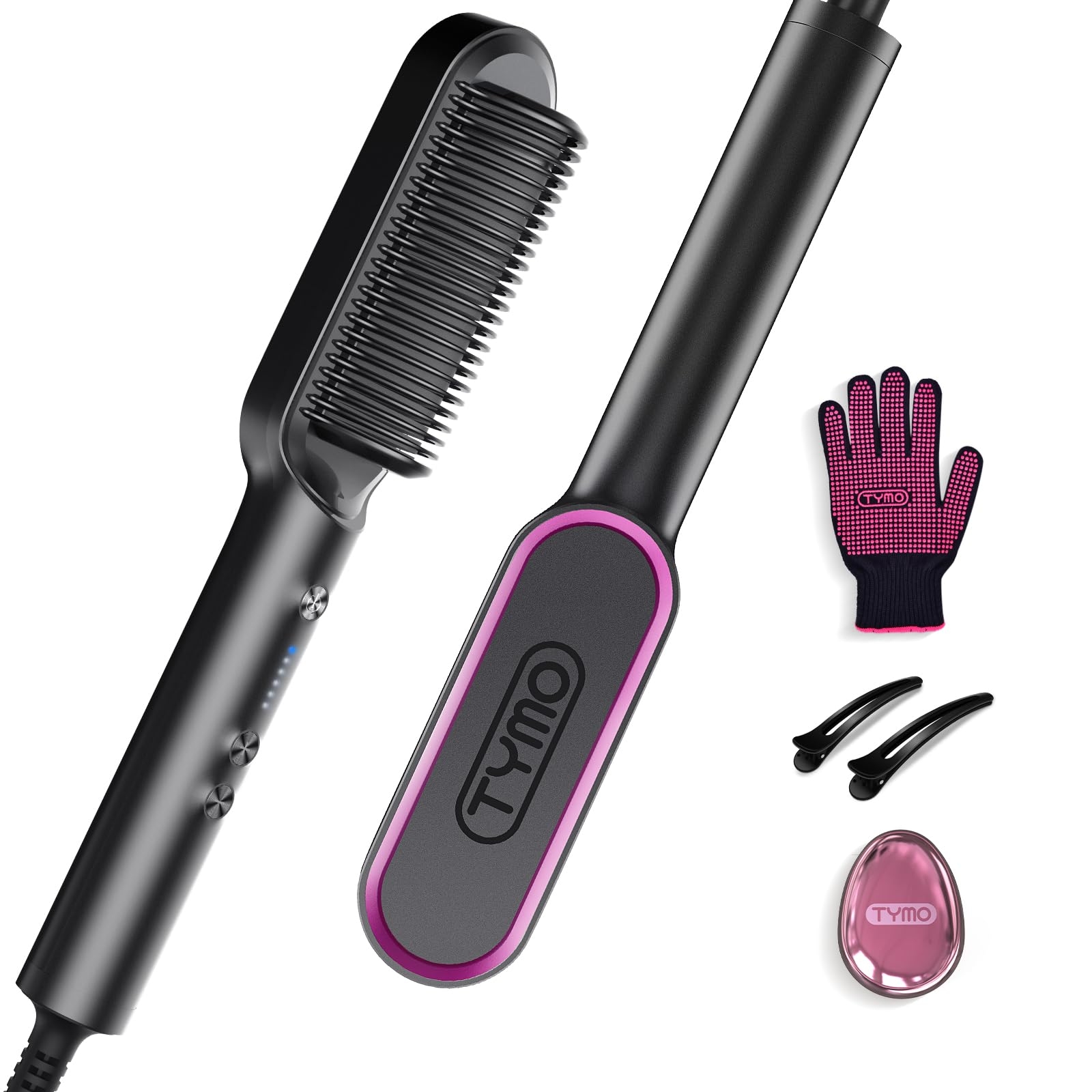 TYMO Ring Hair Straightener Brush Hair Straightener Comb, Straightening Brush, Dual Voltage, for Women, with 5 Temps, 20s Fast Heating, Black