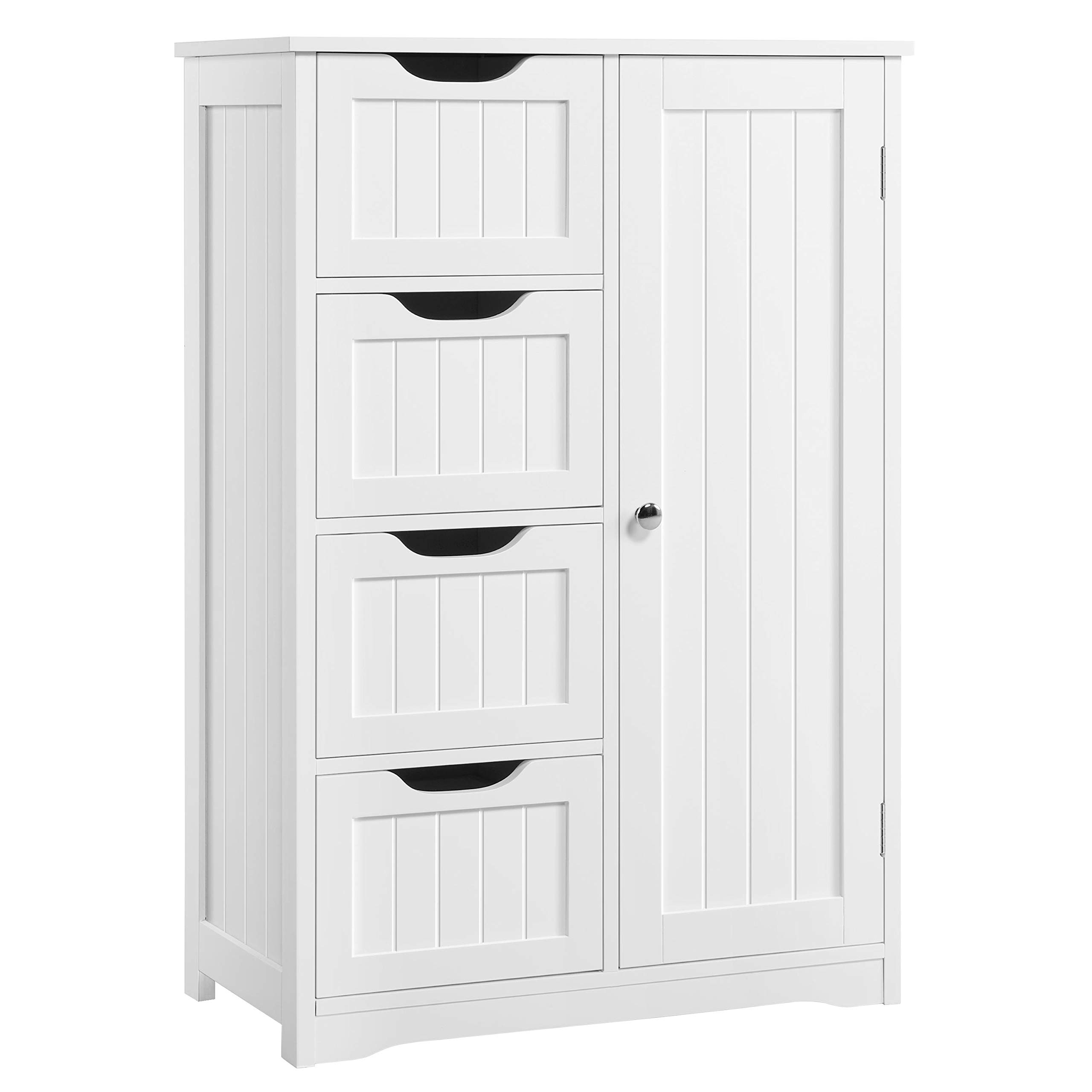 Yaheetech Wooden Floor Cabinet, Side Storage Organizer with 4 Drawers and 1 Cupboard, Freestanding Entryway Storage Unit Console Table, Bathroom Furniture Home Decor, White