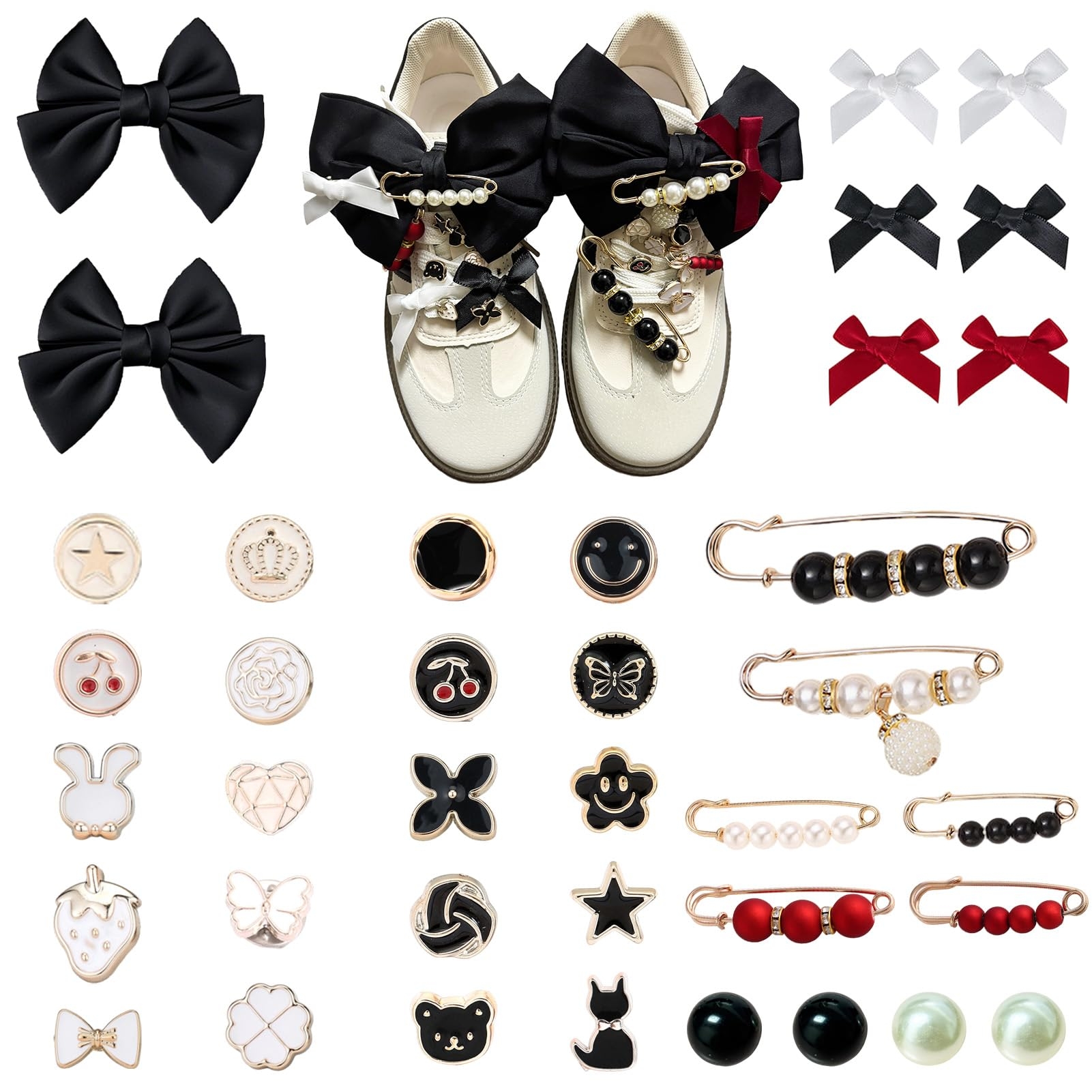Lospfo 38 Pcs Shoe Charms for Sneakers Satin Bow Sneaker Charm for Shoe Lace with Bows/Jewelry/Pins/Clips Shoelace DIY Charms Decoration for Women (Black)