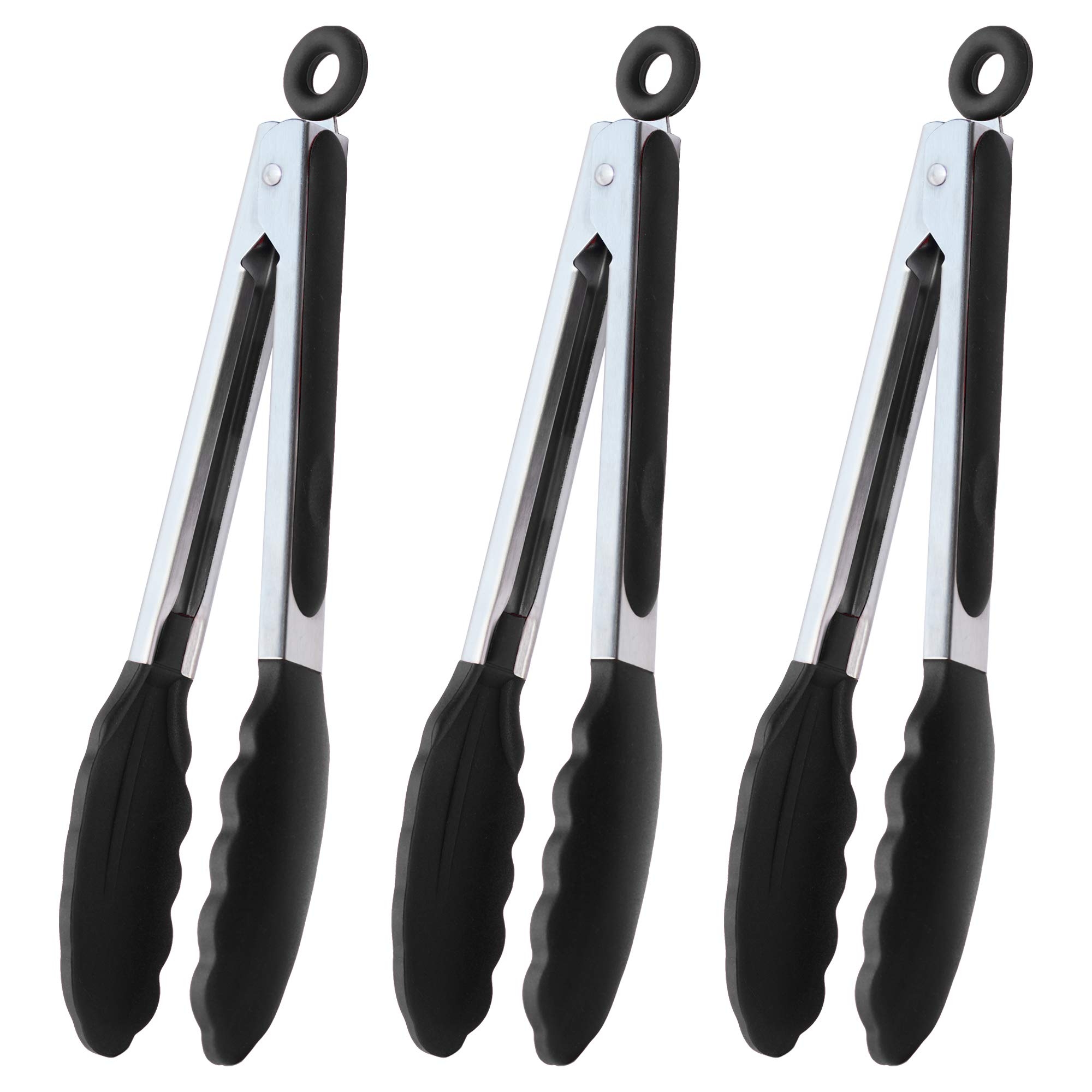 HINMAY Serving Tongs 9-Inch Cooking Tongs with Silicone Tips, Set of 3 (Black)