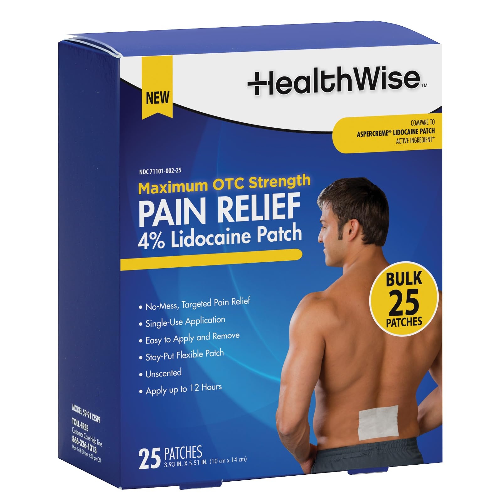 HealthWise 4% Lidocaine Pain Relief Patch | Maximum OTC Strength | 25-Count | 3.93” x 5.51” | Soothes Minor Aches and Pains | Odor Free | Topical Anesthetic | Easy to Apply Flexible Adhesive