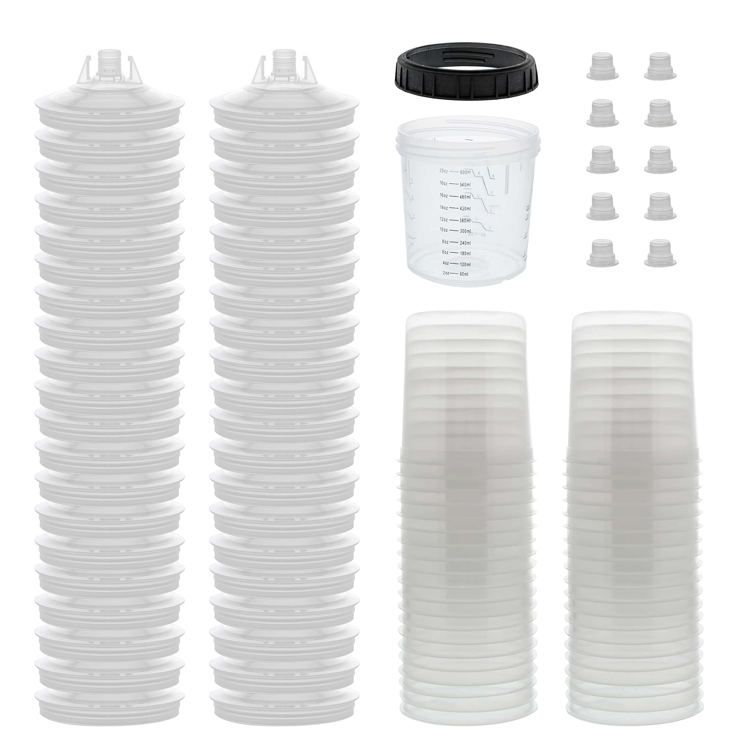 Master Paint System MPS Disposable Paint Spray Gun Liners and Lid System, 40 Pack Standard Size 20 Ounce (600ml) Kit - 40 Liners, 40 Lids with Strainer, 1 Hard Cup with Retainer Ring, 10 Plugs