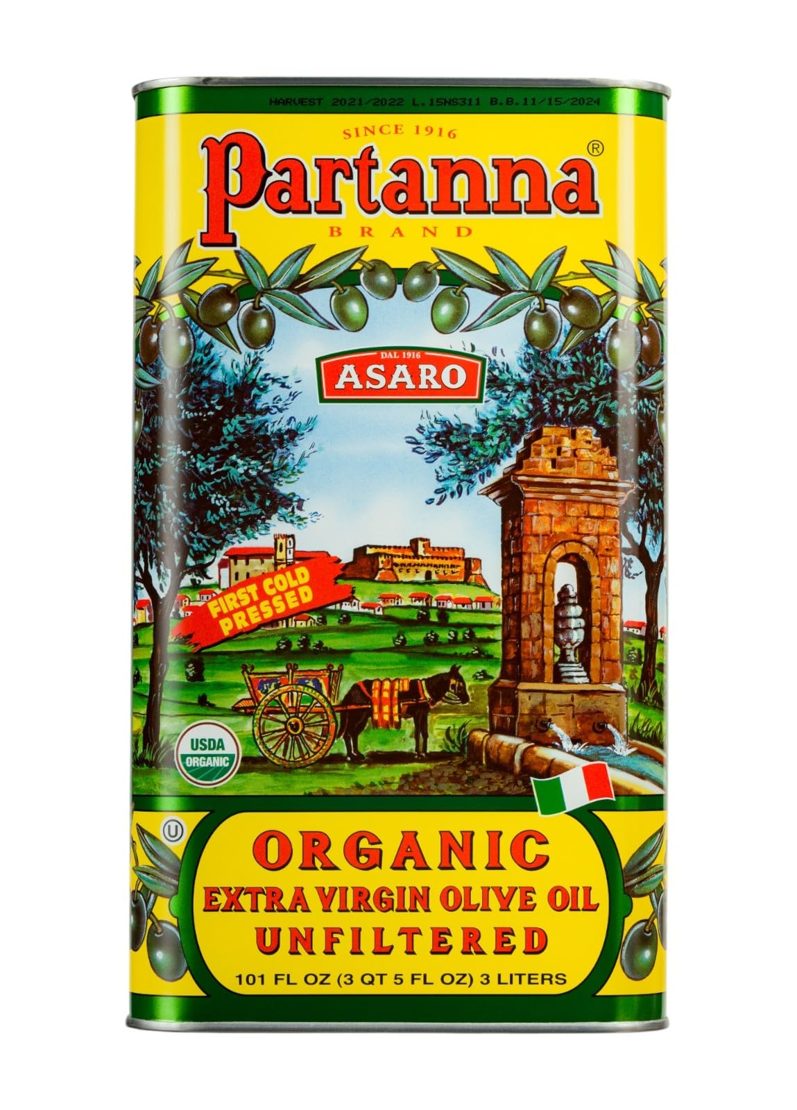 Partanna Organic Unfiltered Extra Virgin Olive Oil - Premium Organic Castelvetrano Oil Harvested in Sicily - Pure Authentic Italian - Monovarietal - Rich in Flavor and Tradition - 101oz (3 liter) Tin